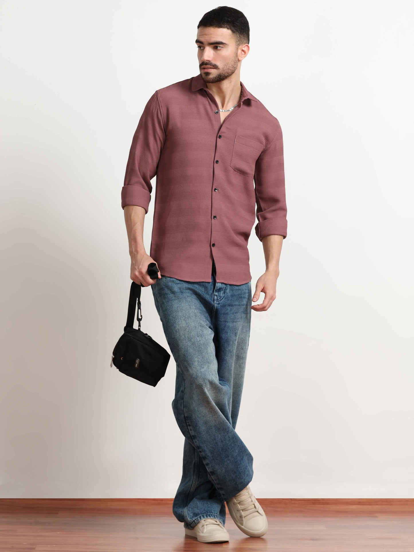 WineTextured Popcorn Full Sleeves Shirt For Men