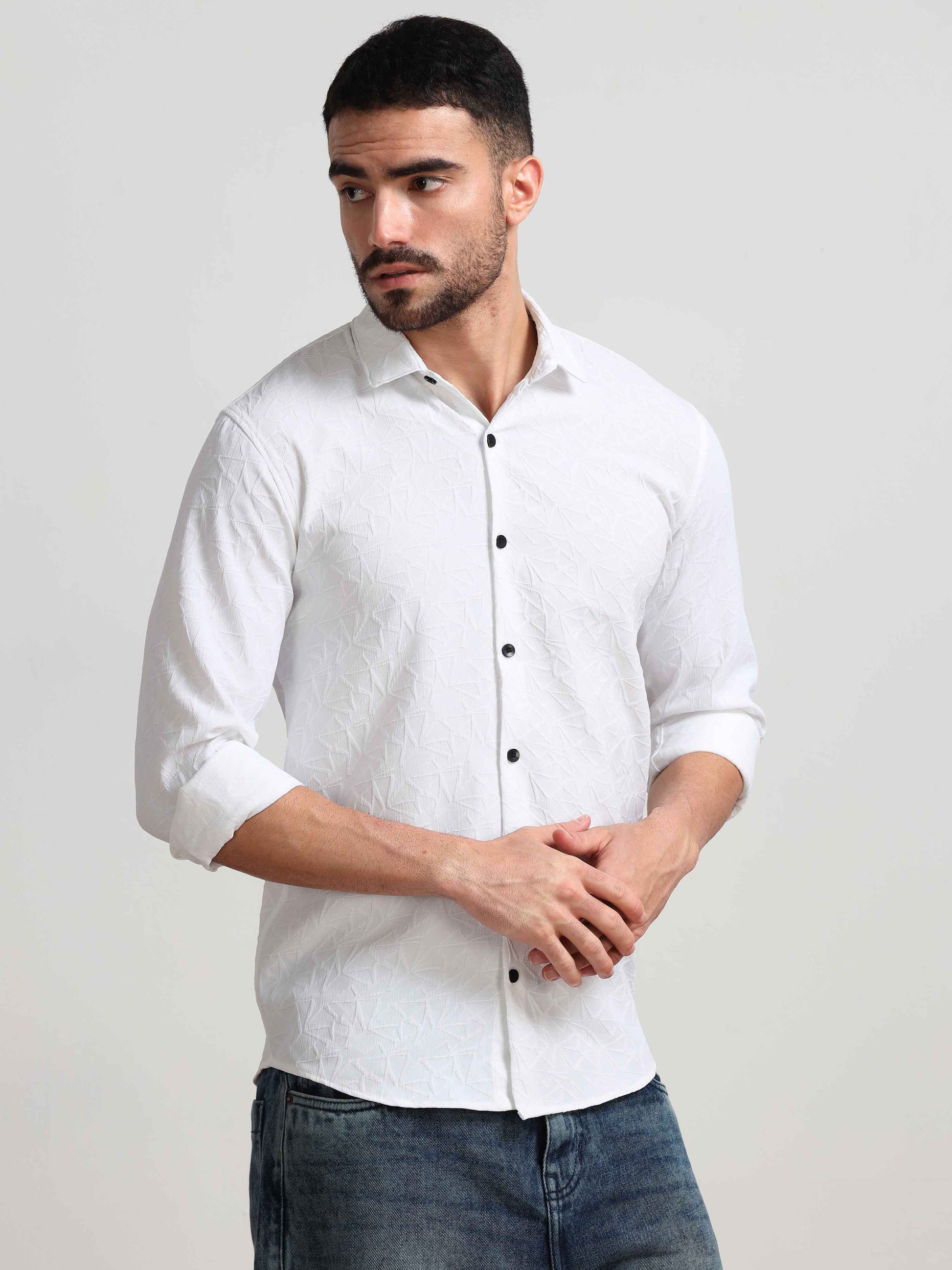 Snow Webbed White Popcorn Shirt for Men