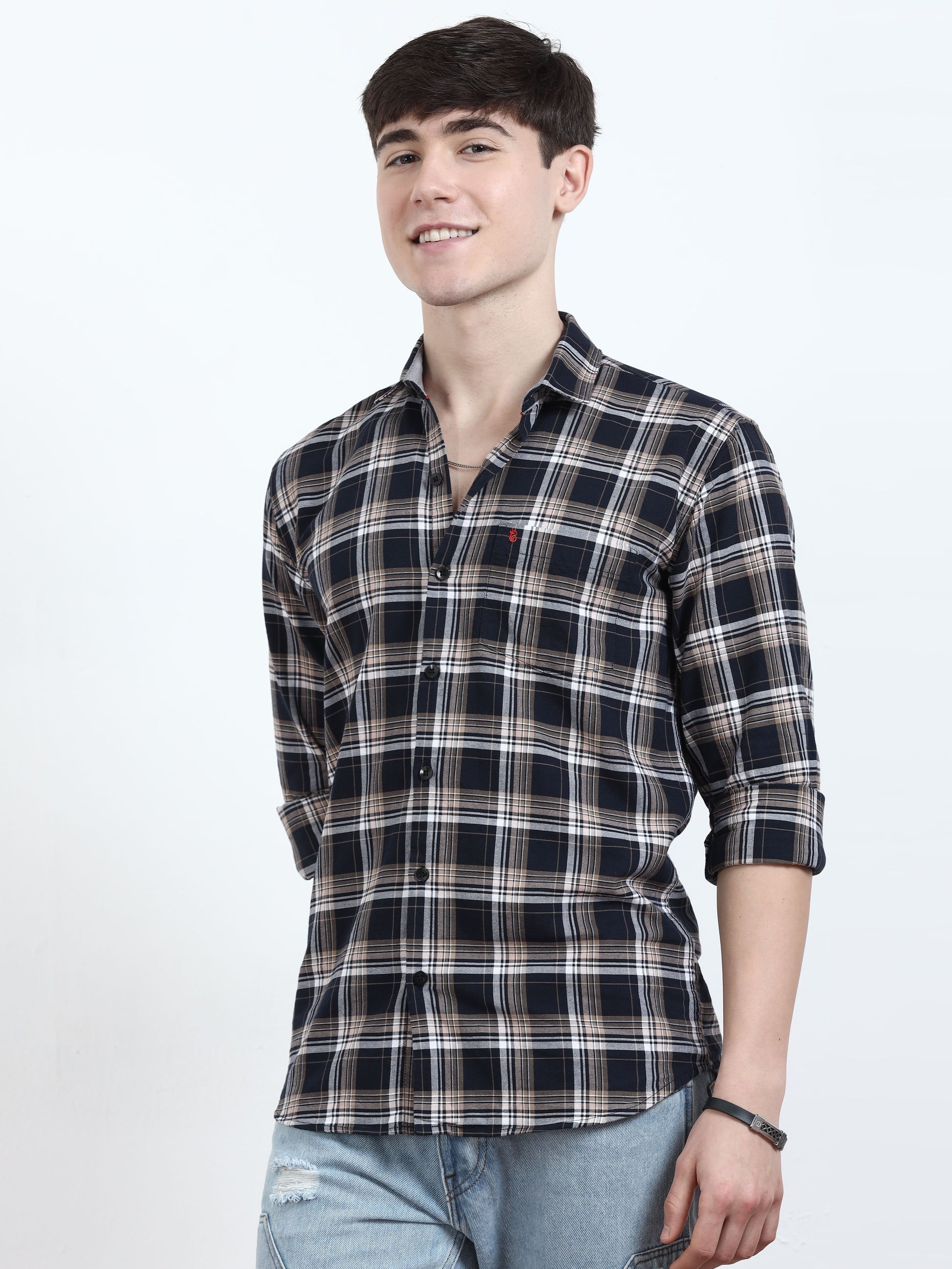 Classic Beige And Navy Blue Check Shirt​  for men