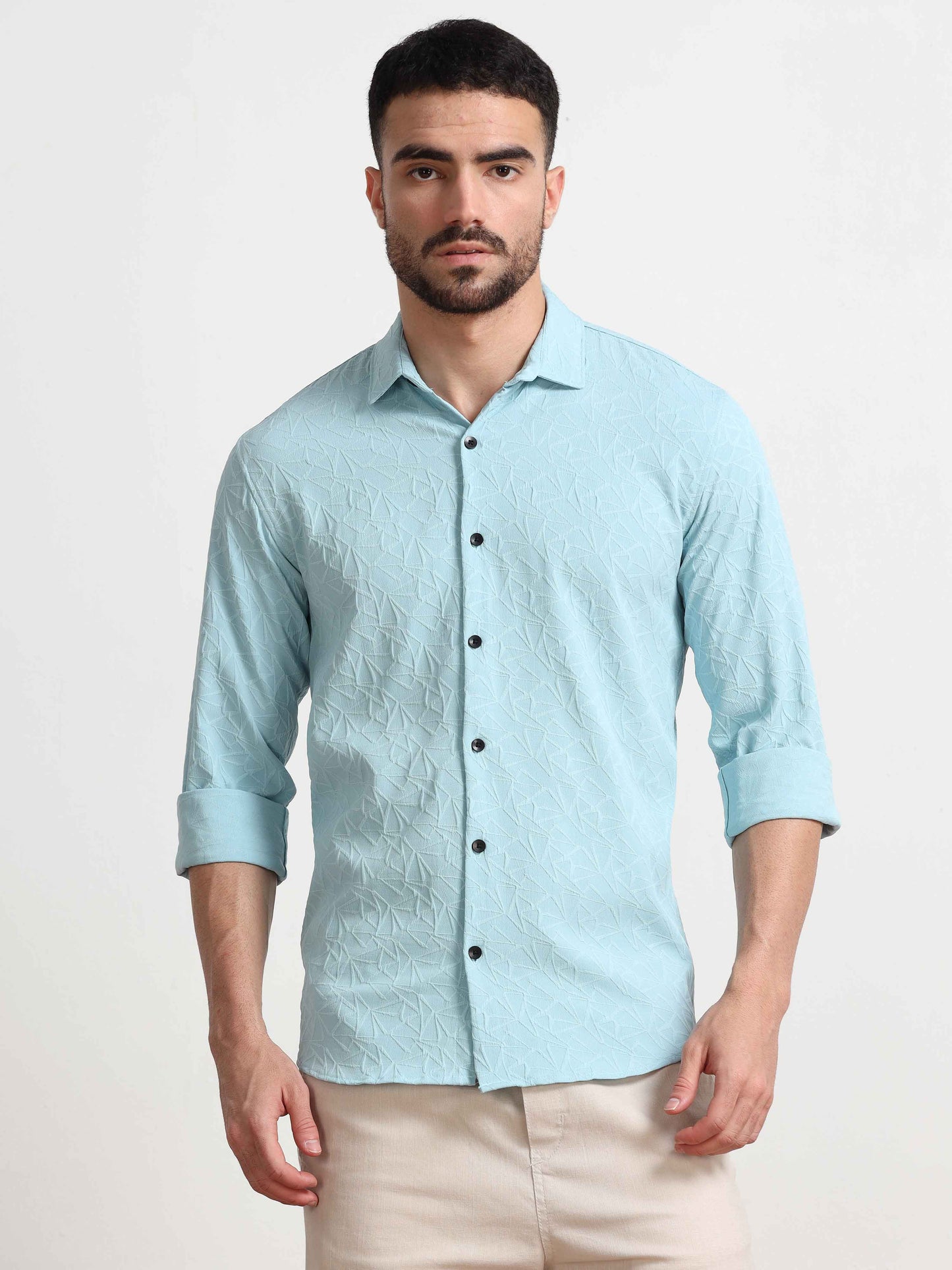 Textured Sky Blue Solid Shirt for Men