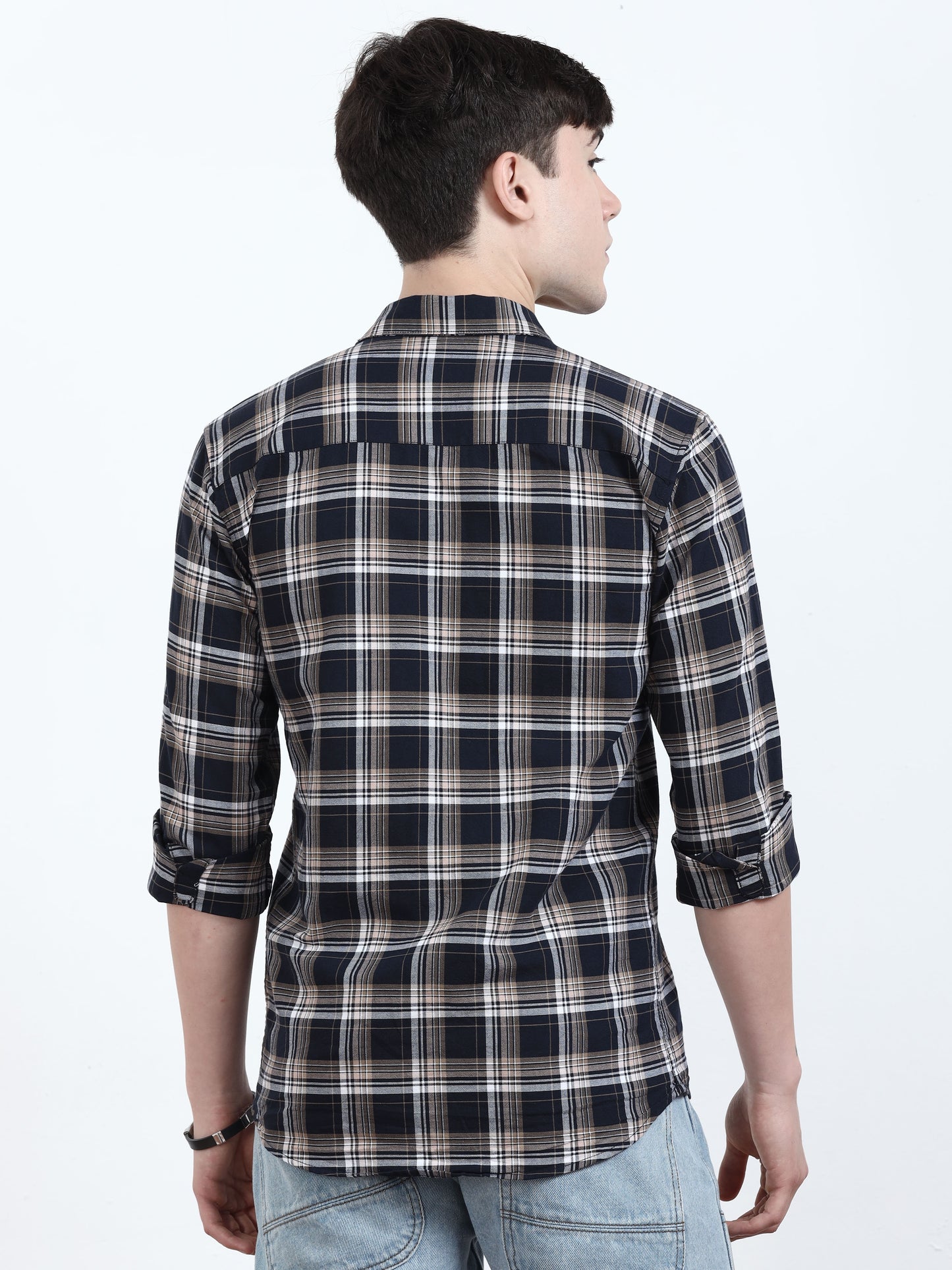 Classic Beige And Navy Blue Check Shirt​  for men