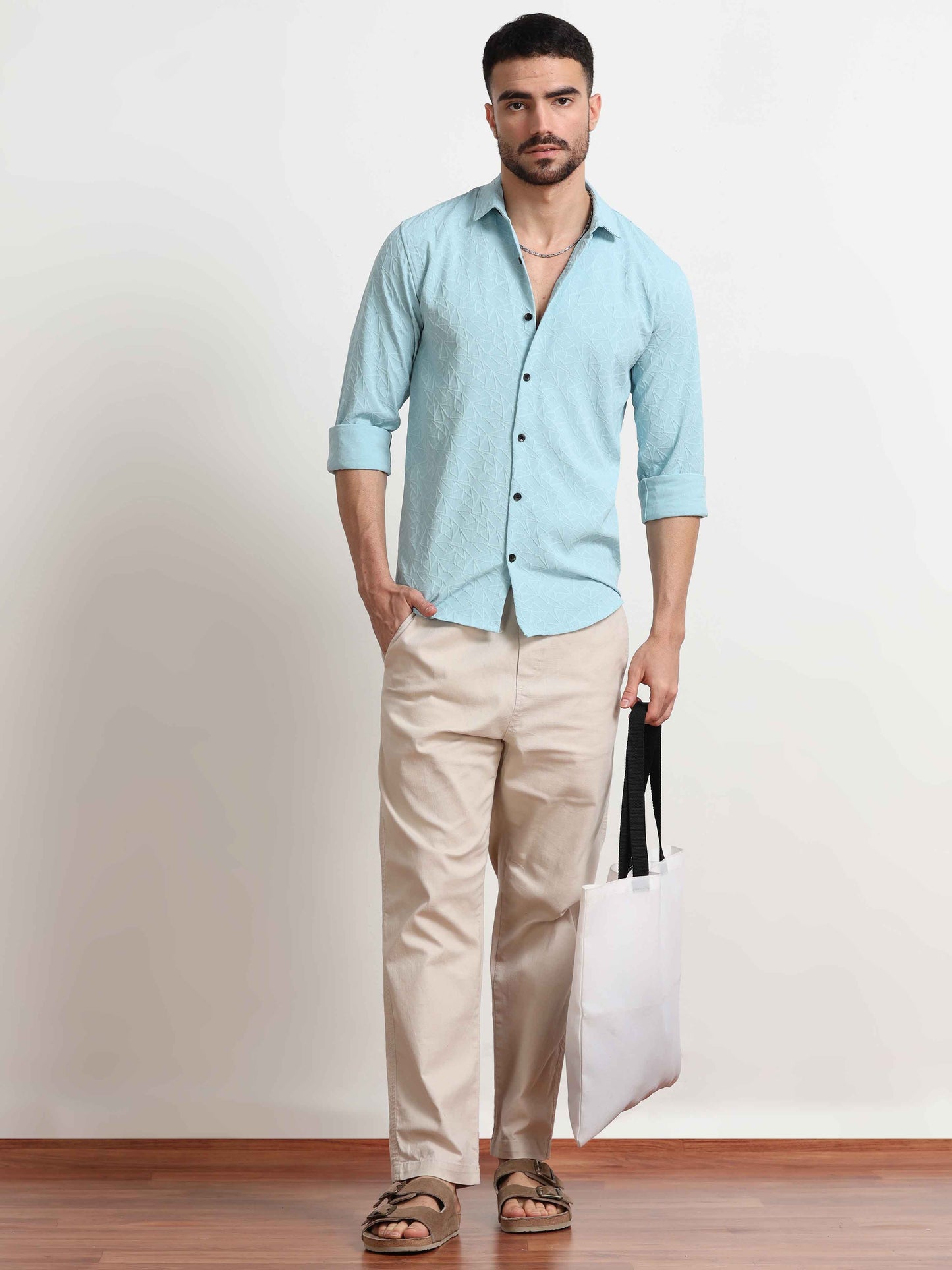 Textured Sky Blue Solid Shirt for Men