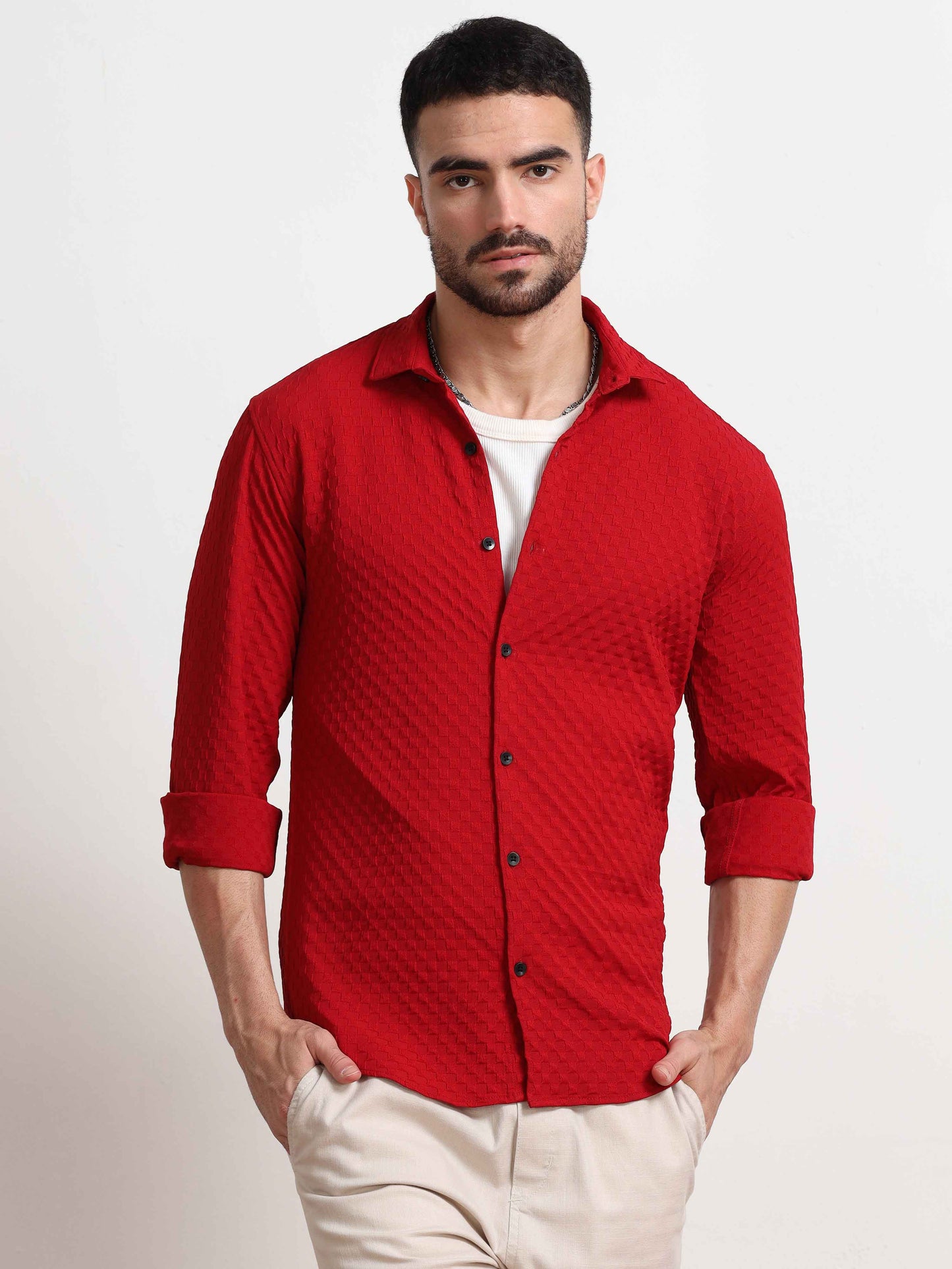 Red Checks Textured Popcorn Shirt For Men