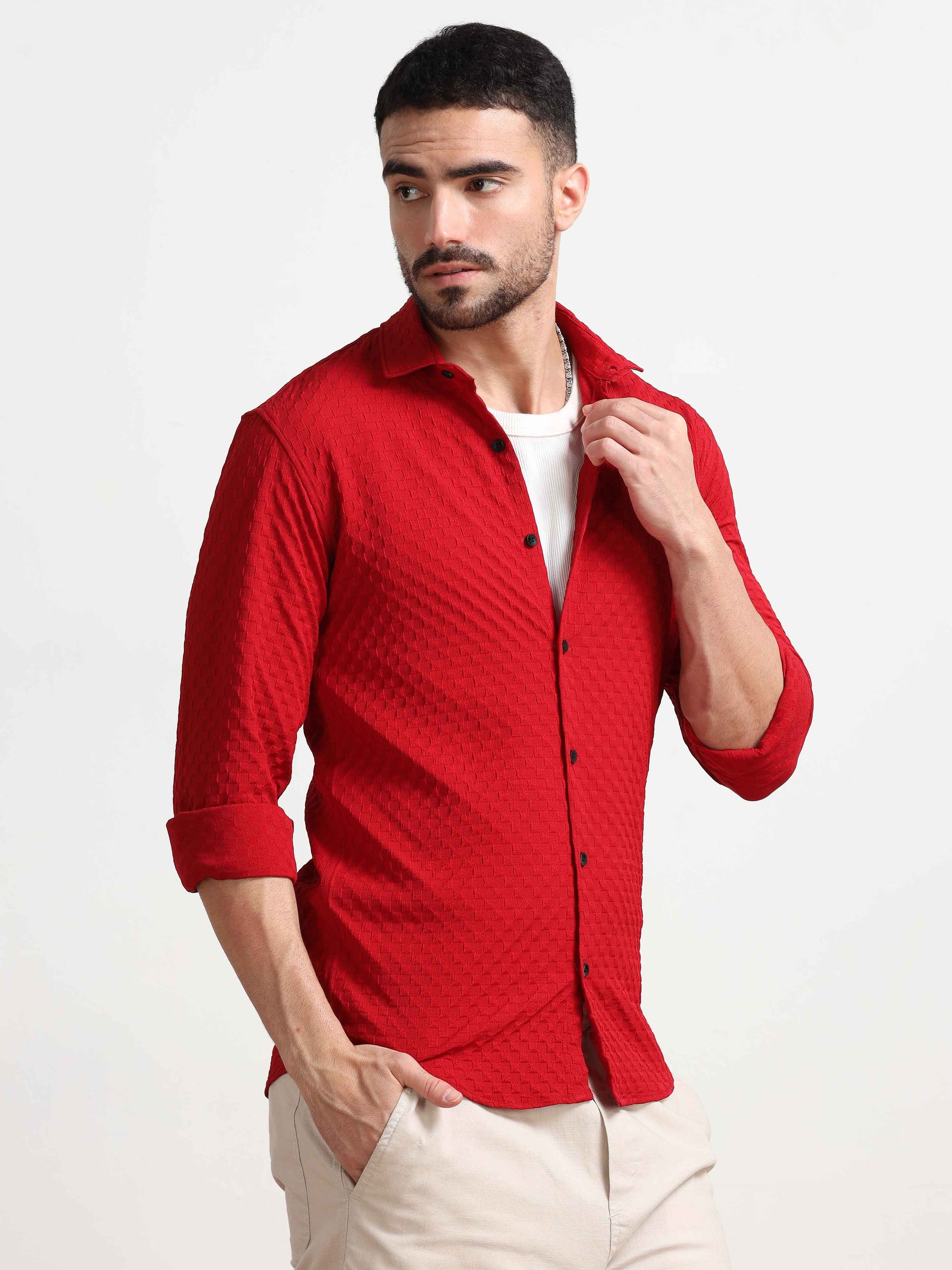 Red Checks Textured Popcorn Shirt For Men