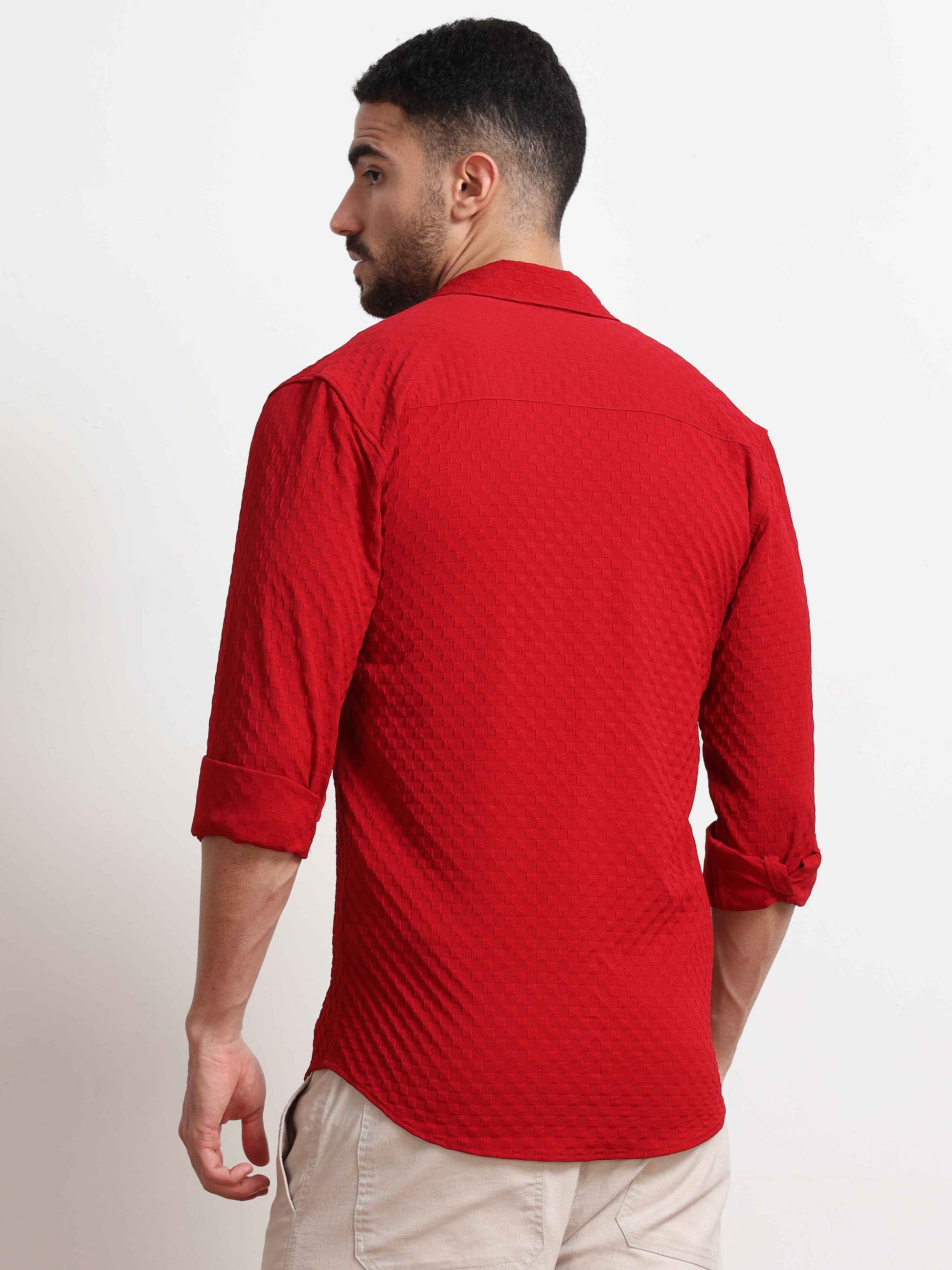 Red Checks Textured Popcorn Shirt For Men