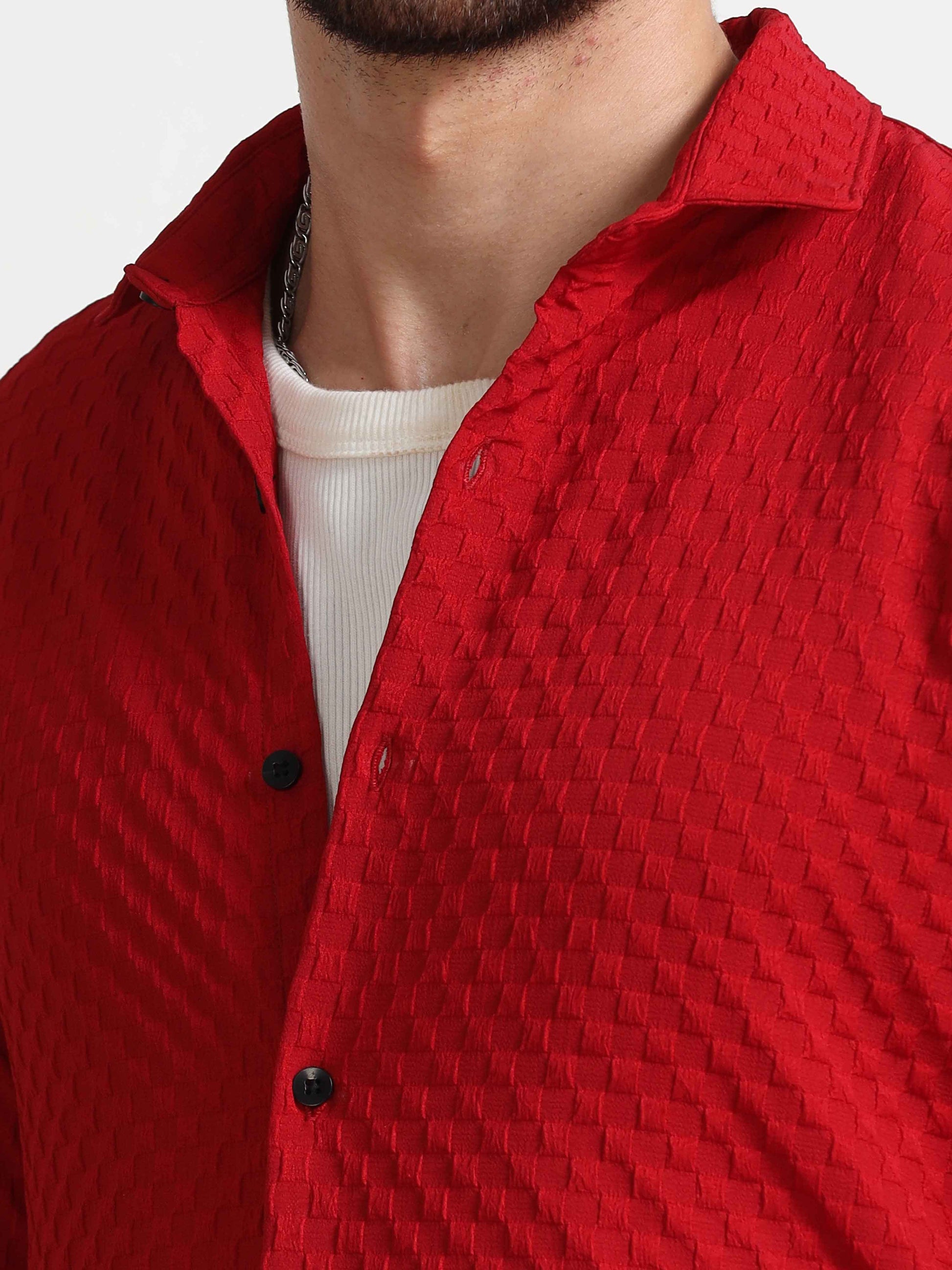 Red Checks Textured Popcorn Shirt For Men