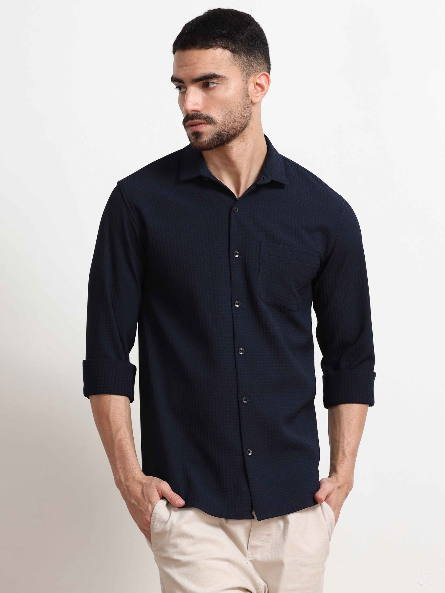 Textured Navy Blue Shirt for Men