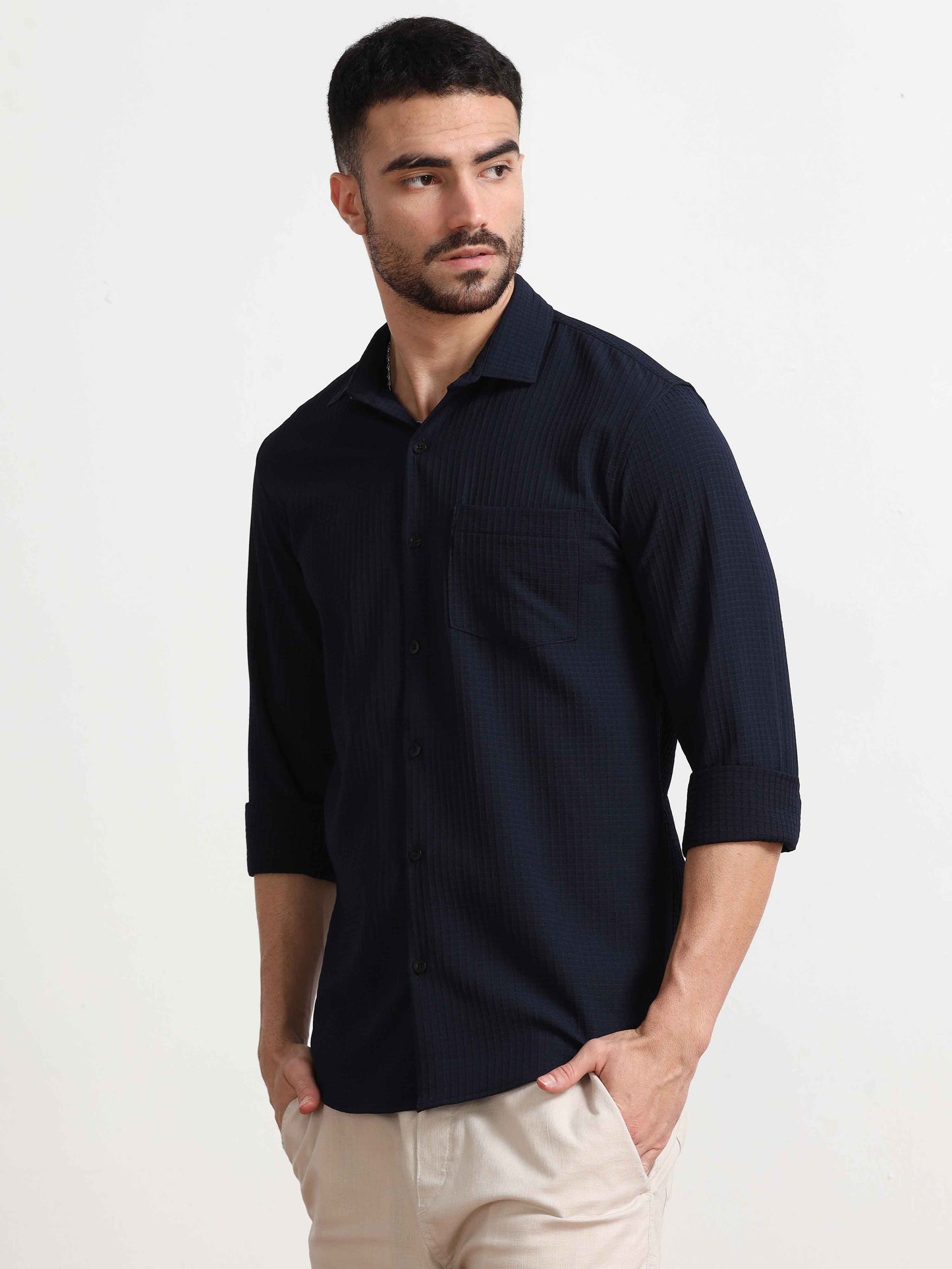 Textured Navy Blue Shirt for Men