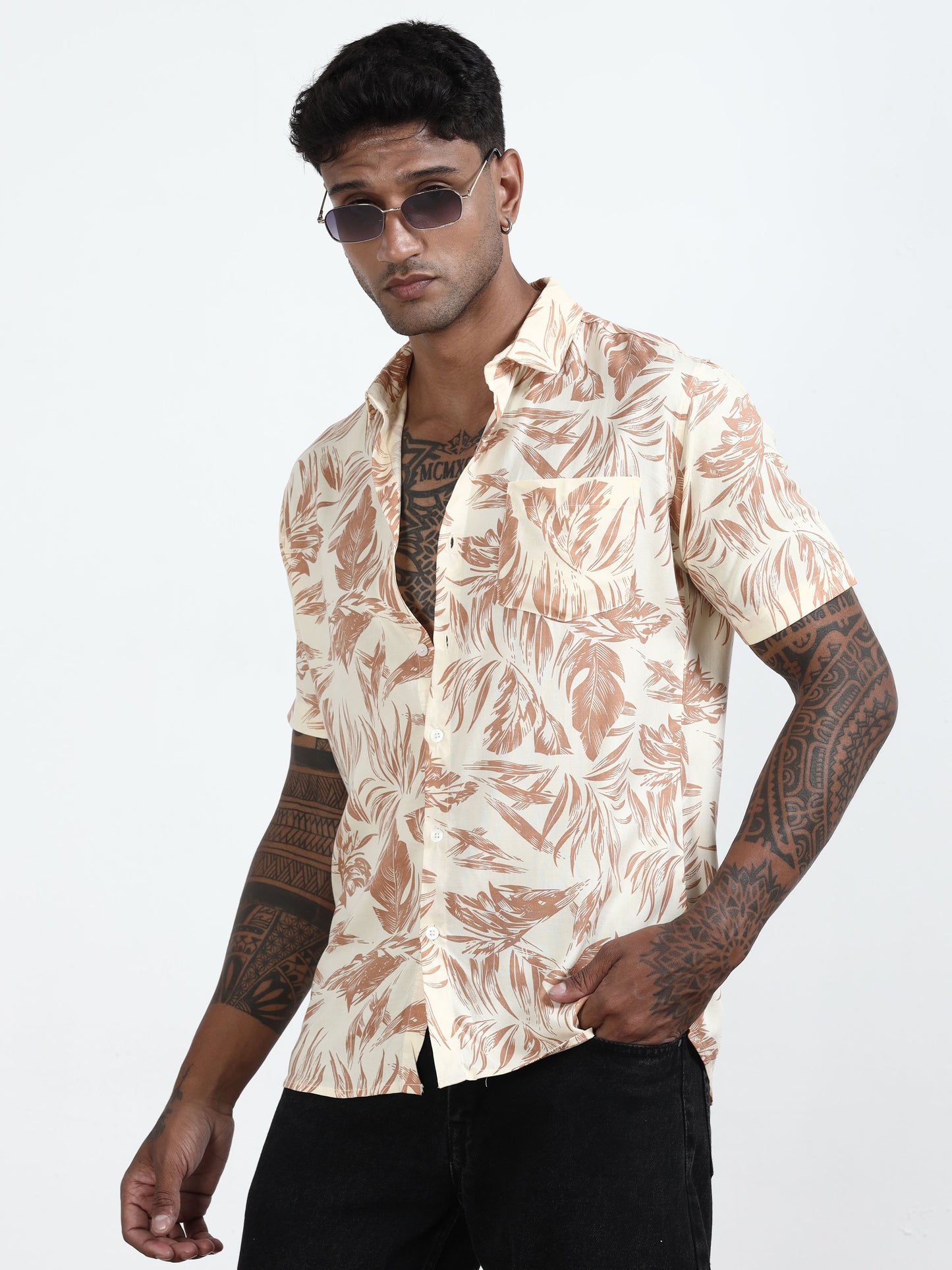  Leaf Light Printed Brown Shirt​ For Men 