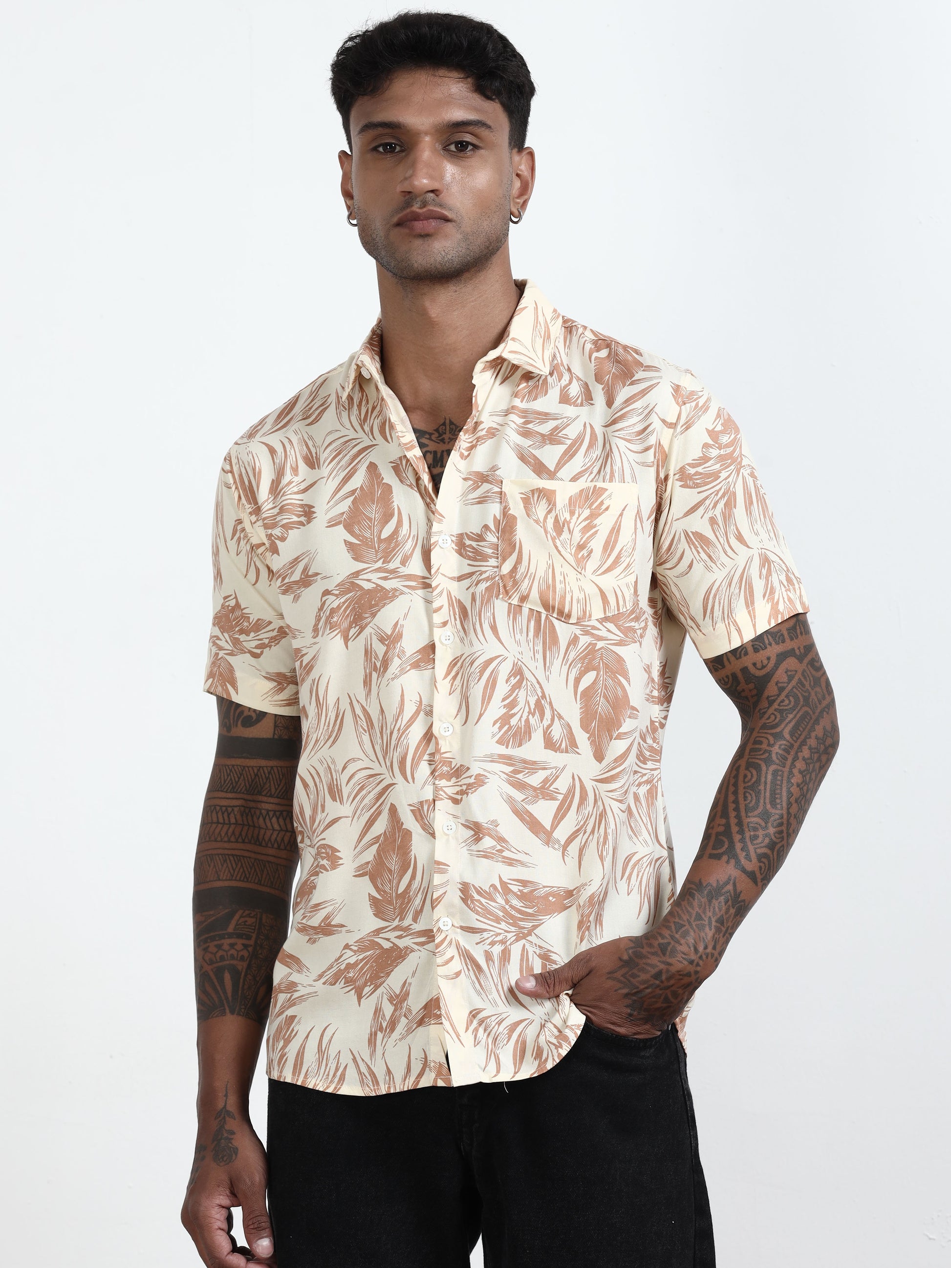  Leaf Light Printed Brown Shirt​ For Men 