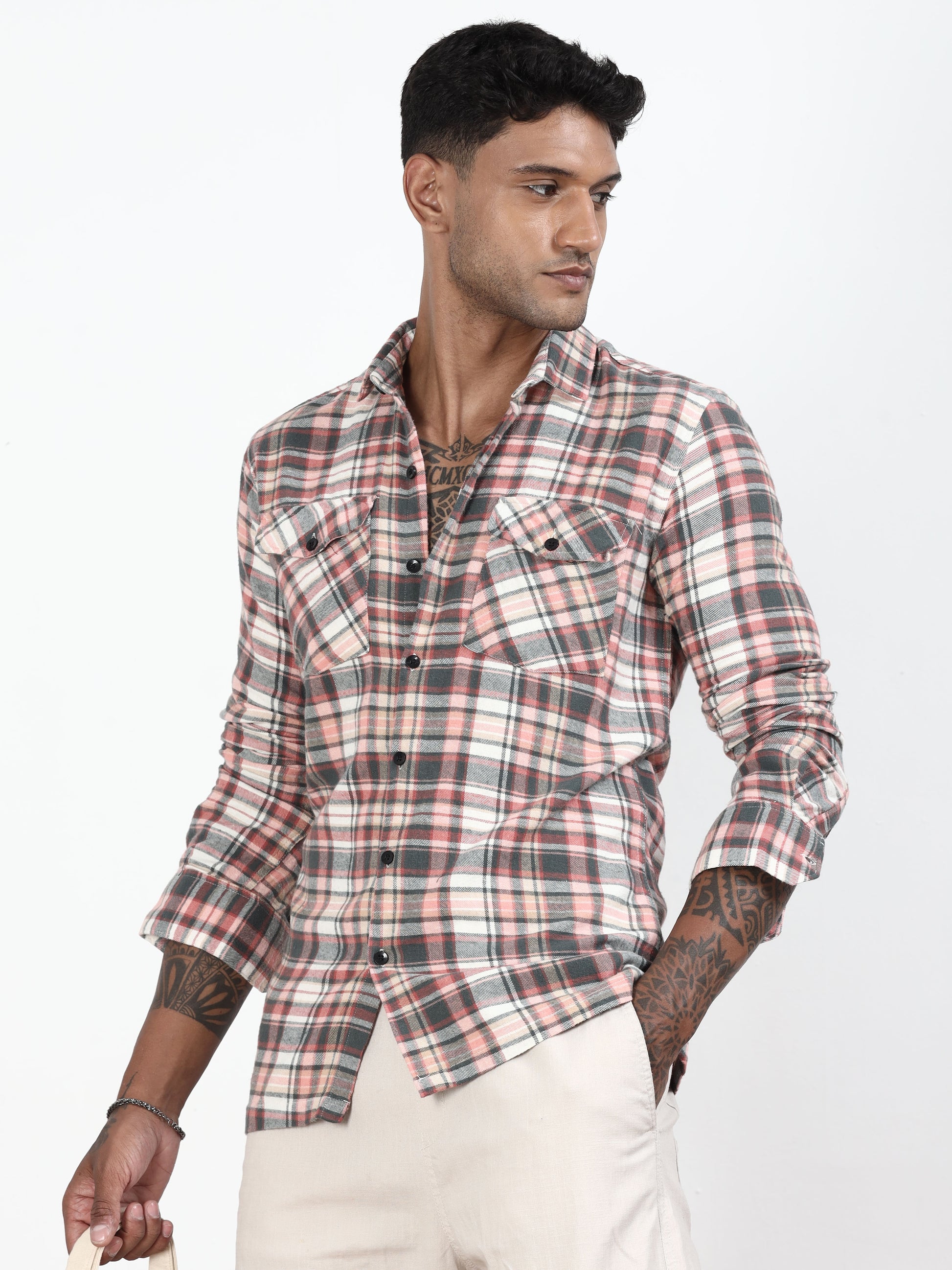 Grey And Peach Check Shirt For Men