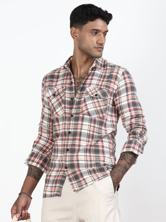 Grey And Peach Check Shirt For Men