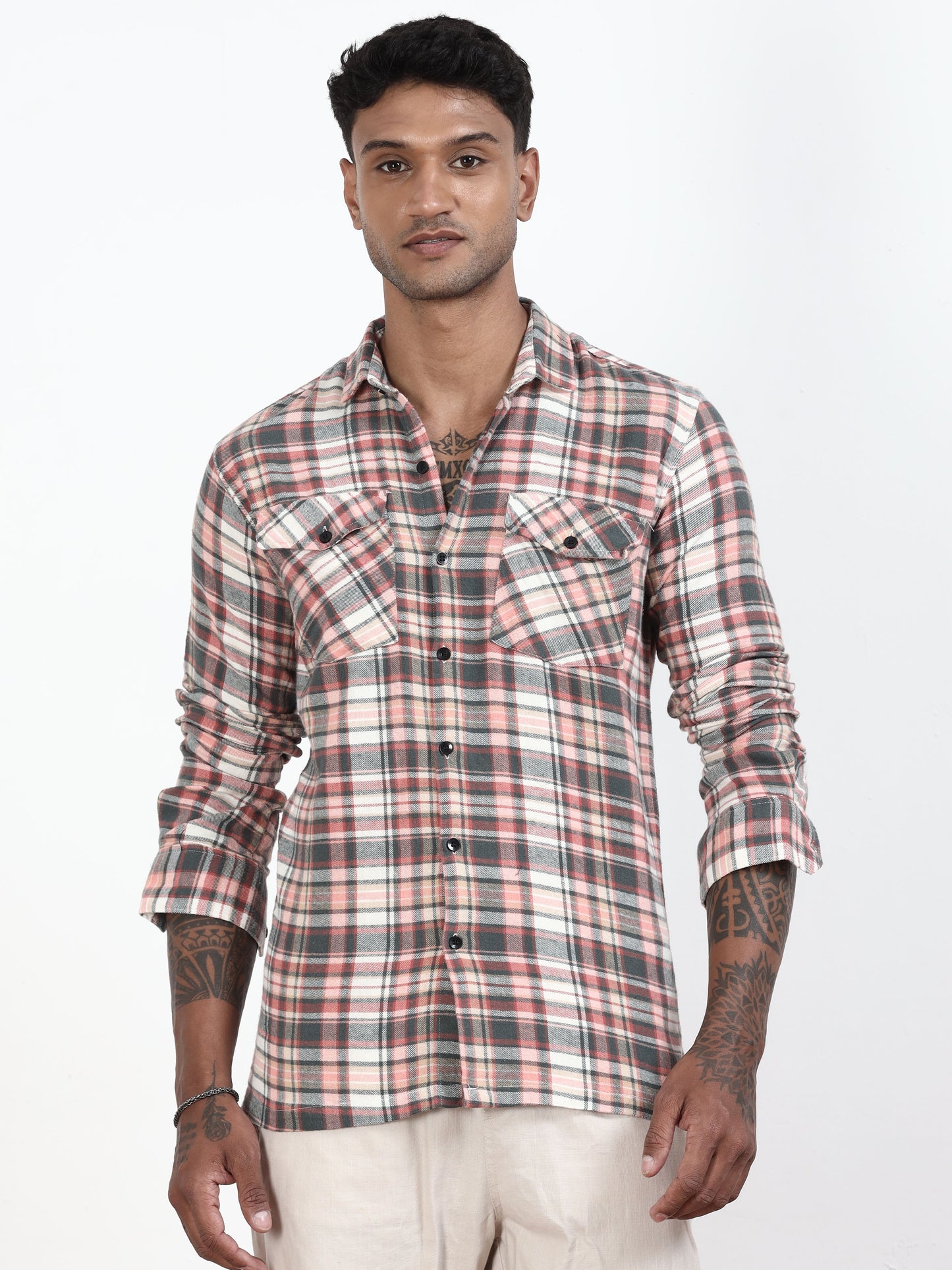 Grey And Peach Check Shirt For Men