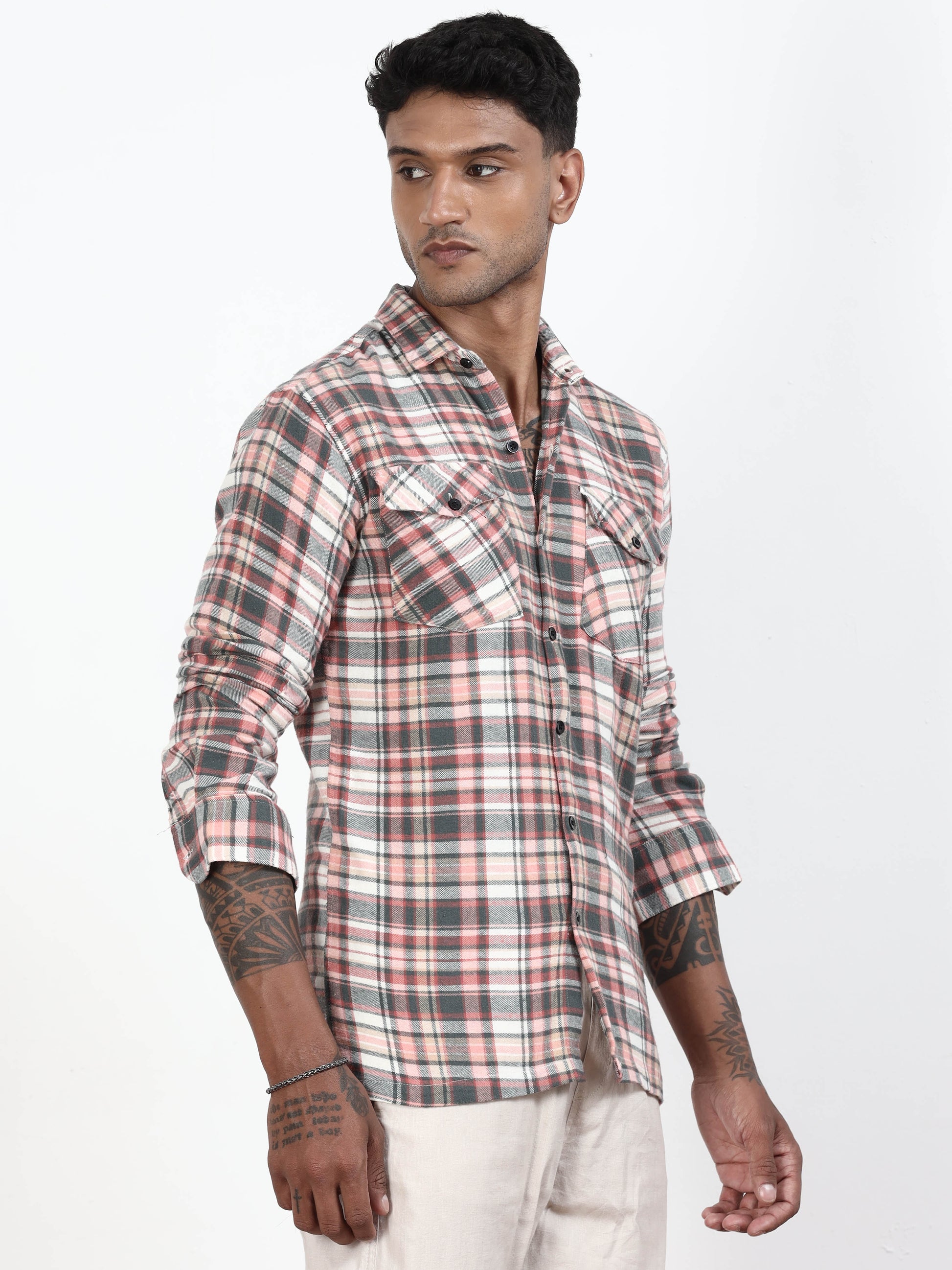 Grey And Peach Check Shirt For Men