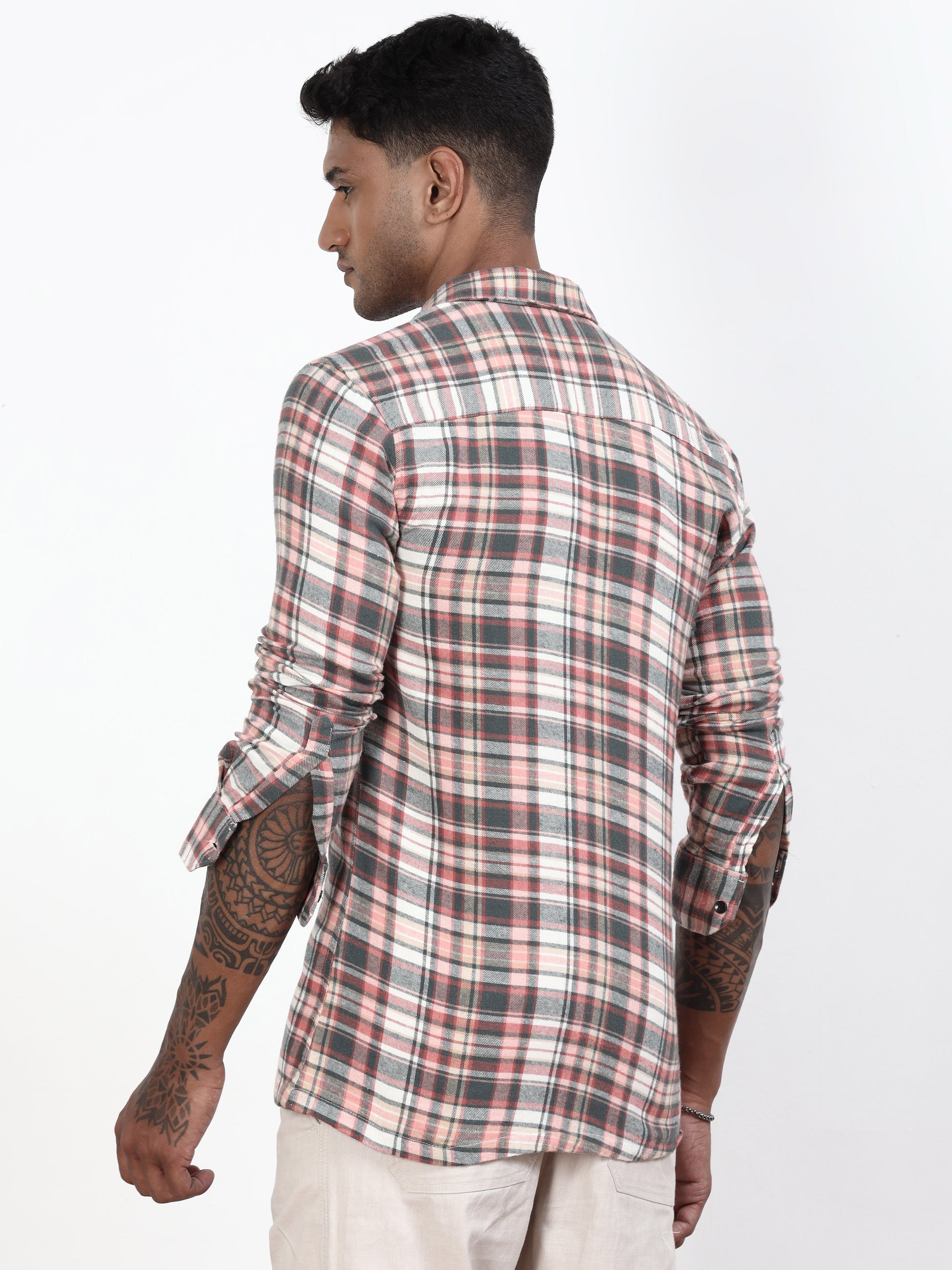 Grey And Peach Check Shirt For Men