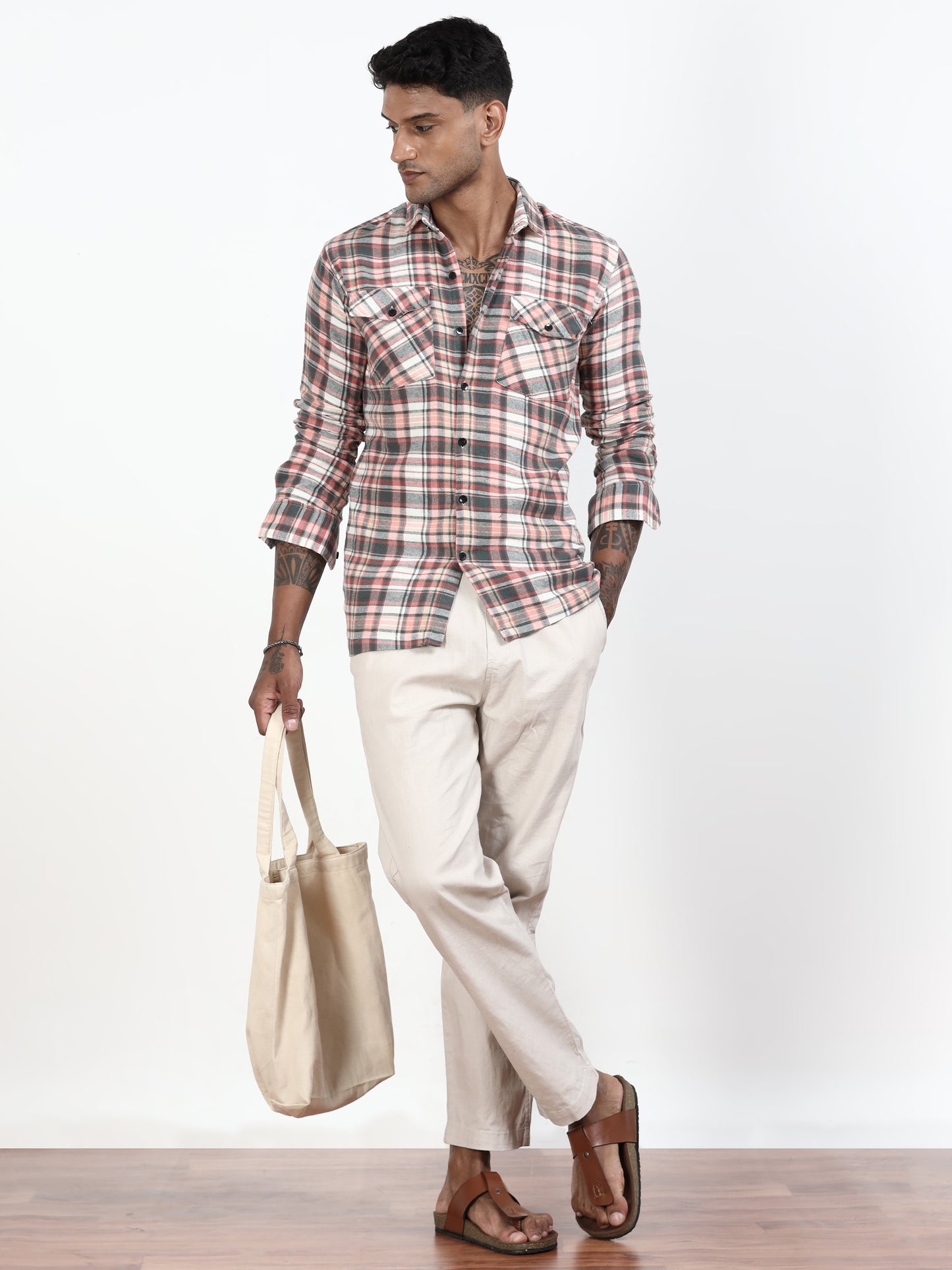 Grey And Peach Check Shirt For Men