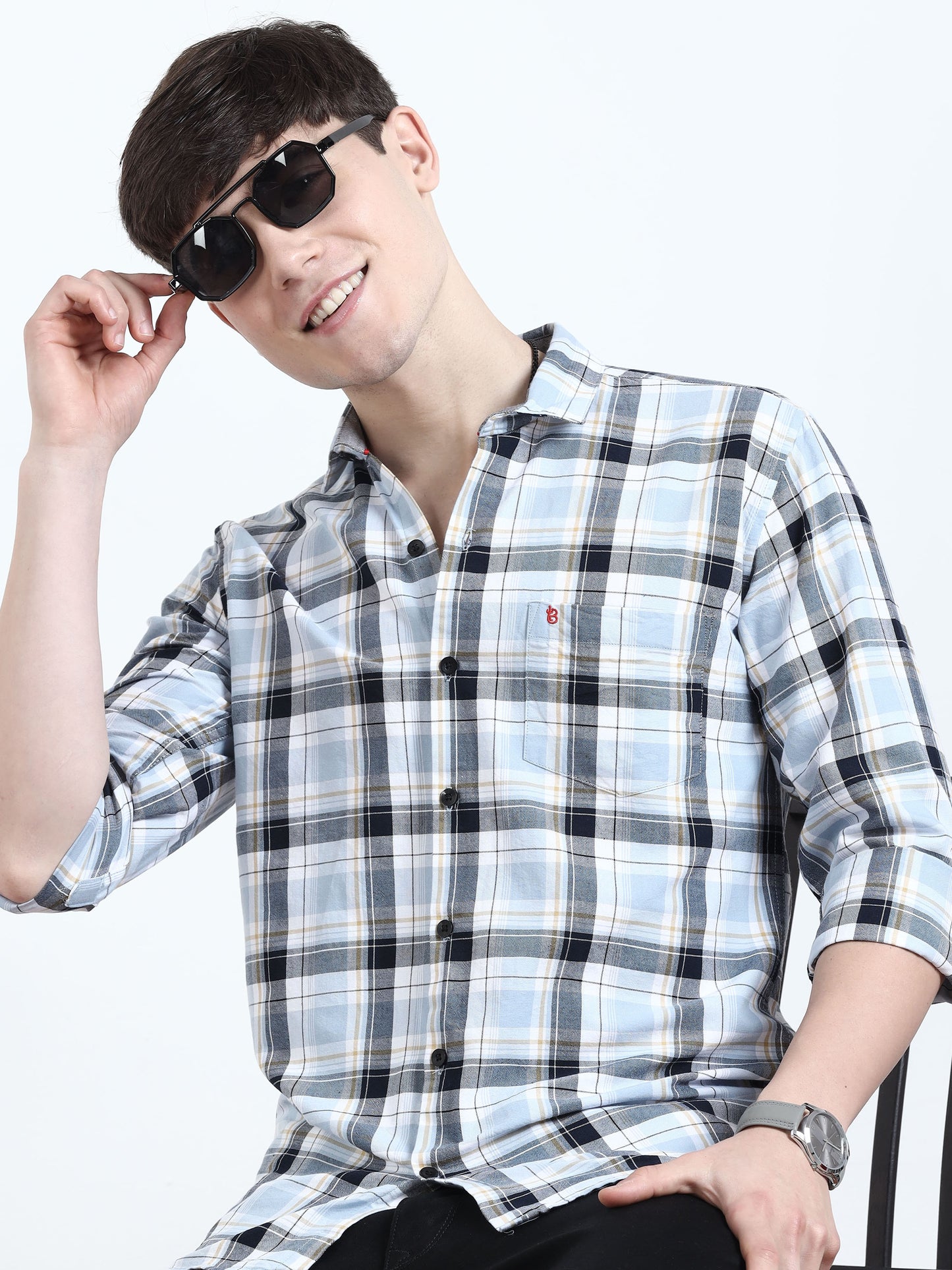 Classic Sky Blue And Black Check Shirt​ For Men