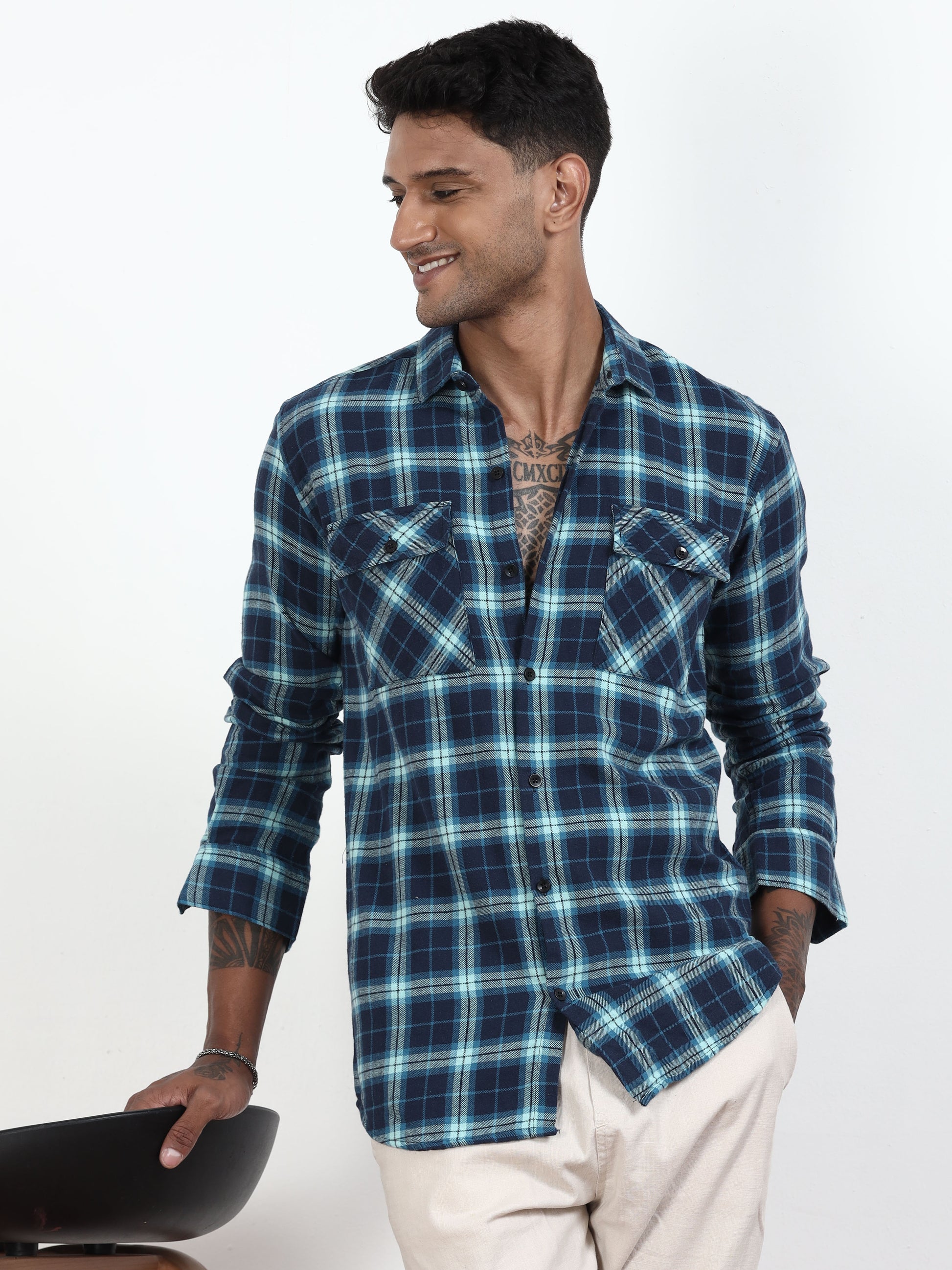 Bright Blue Check Shirt Mens