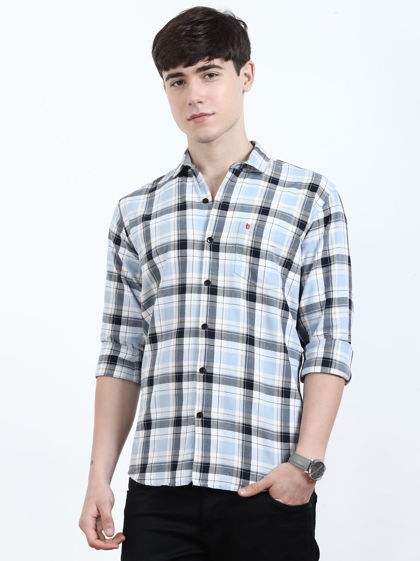 Classic Sky Blue And Black Check Shirt​ For Men