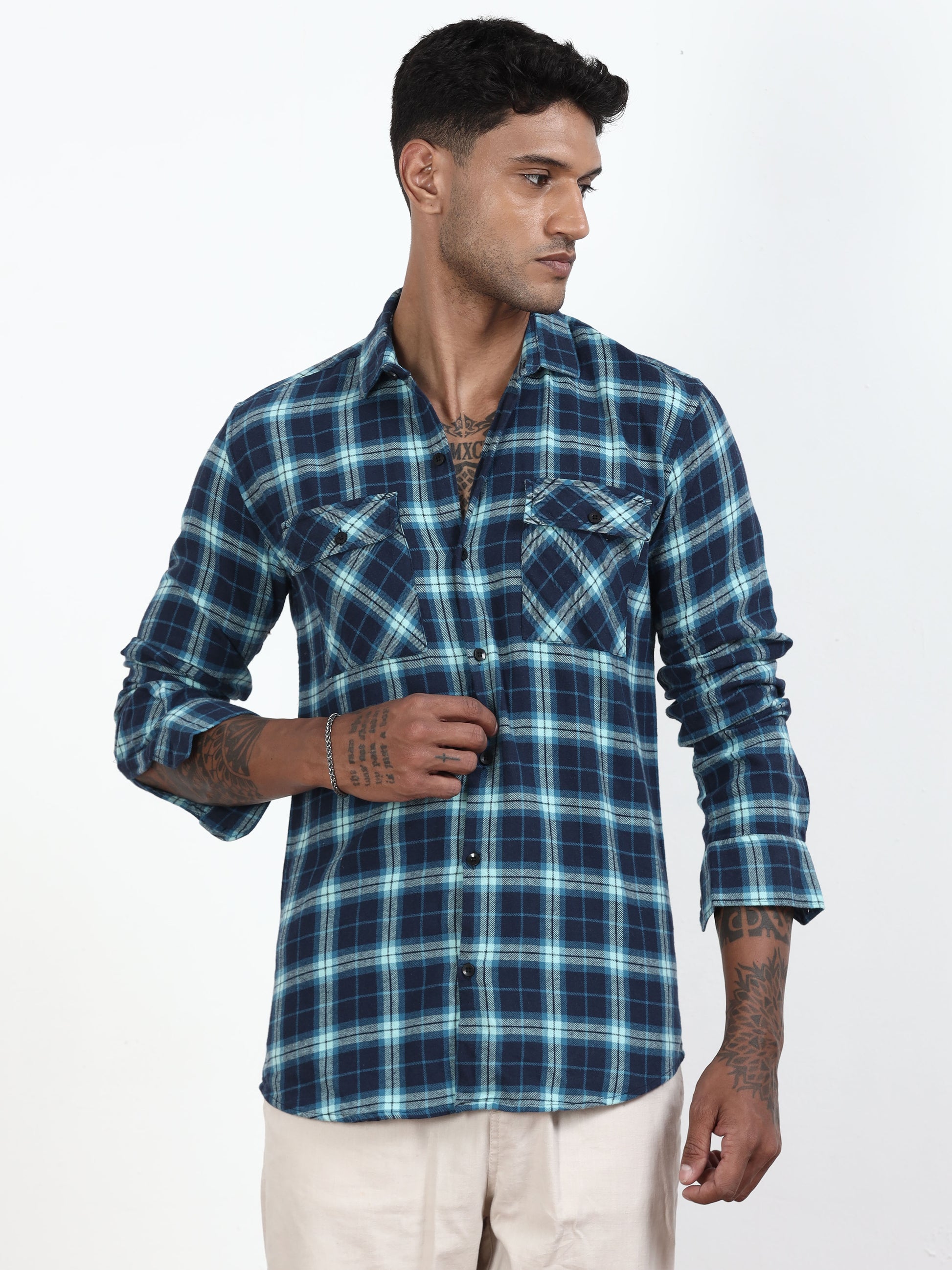 Bright Blue Check Shirt Mens