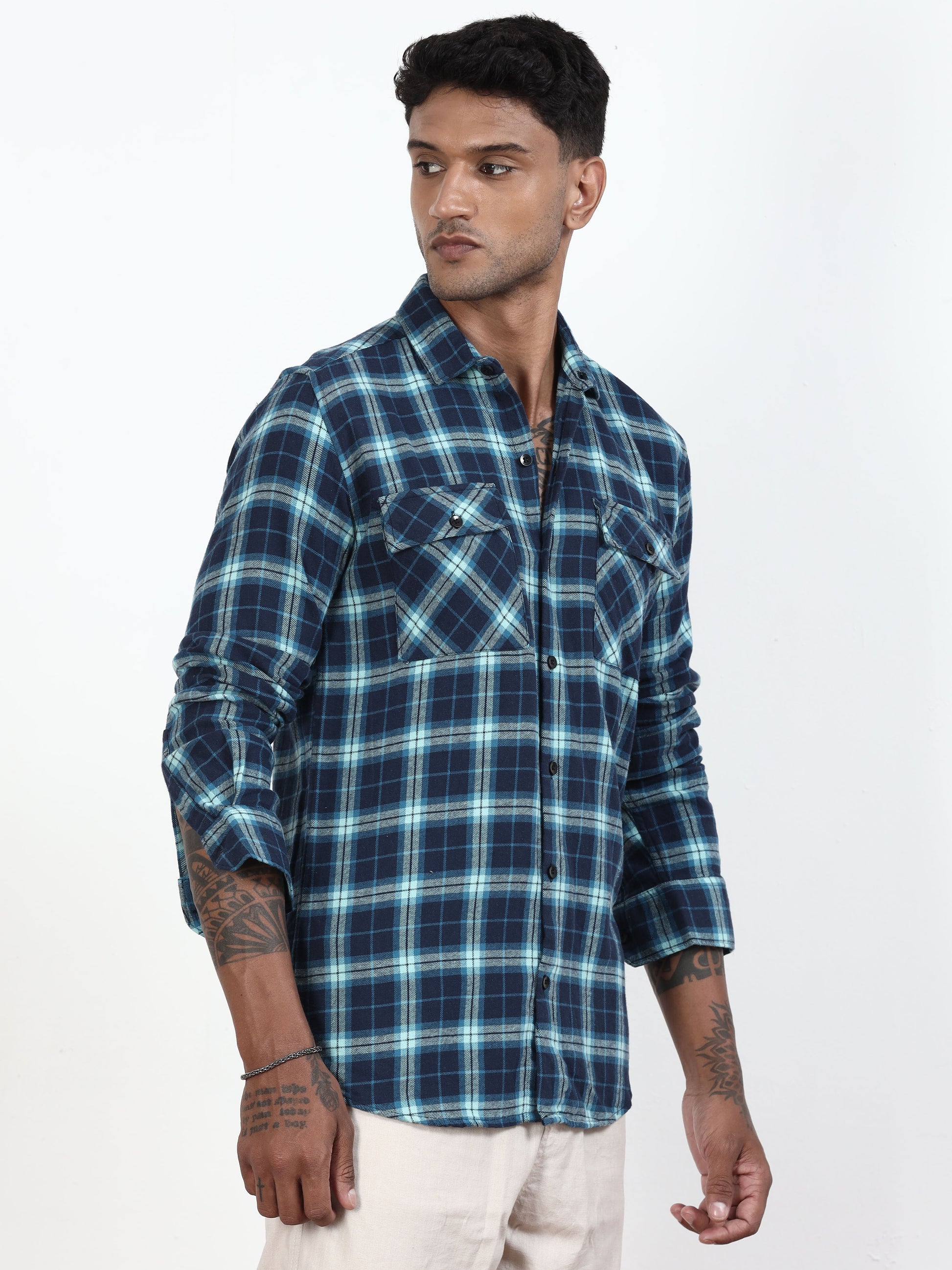 Bright Blue Check Shirt Mens