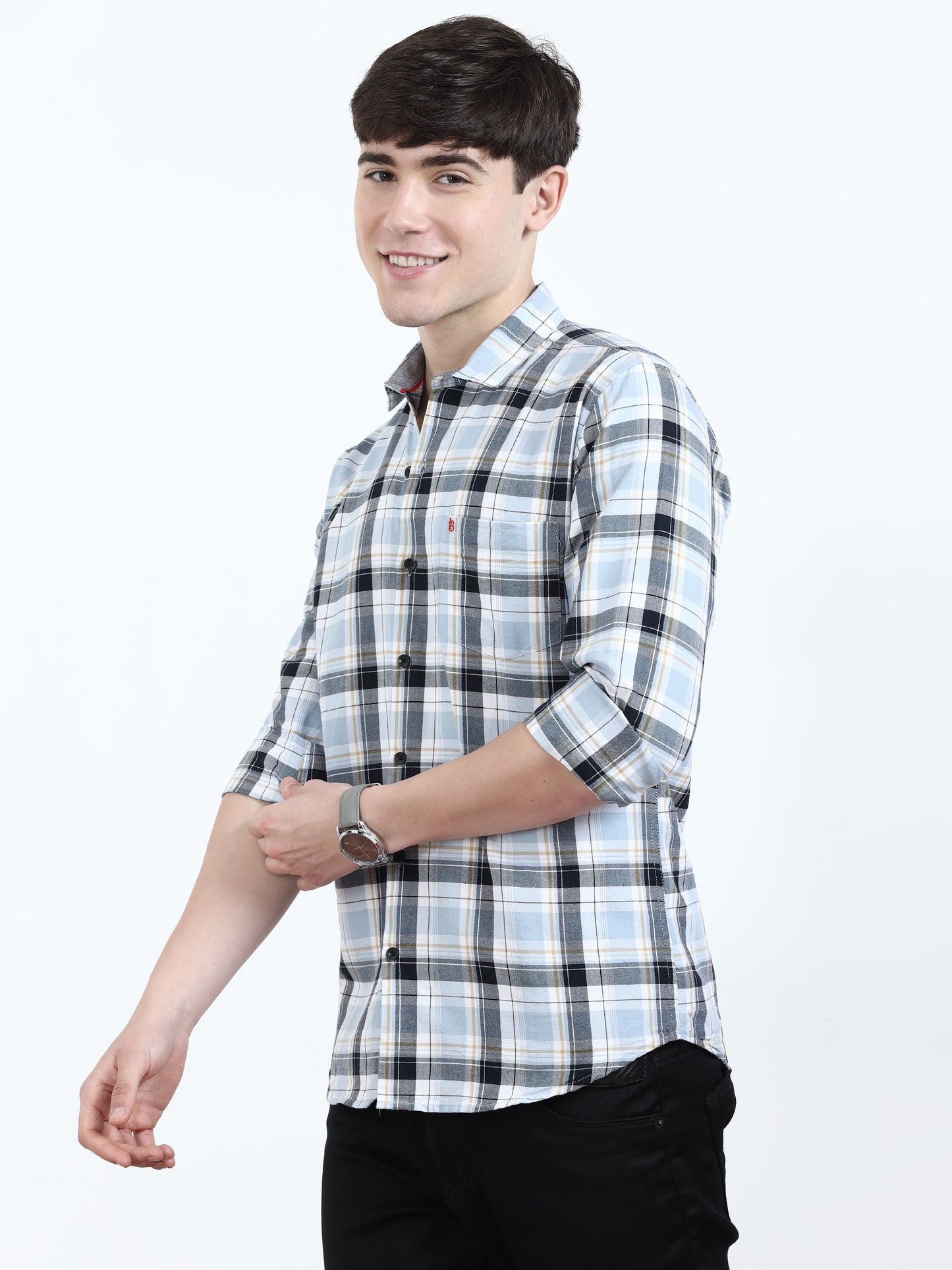 Classic Sky Blue And Black Check Shirt​ For Men