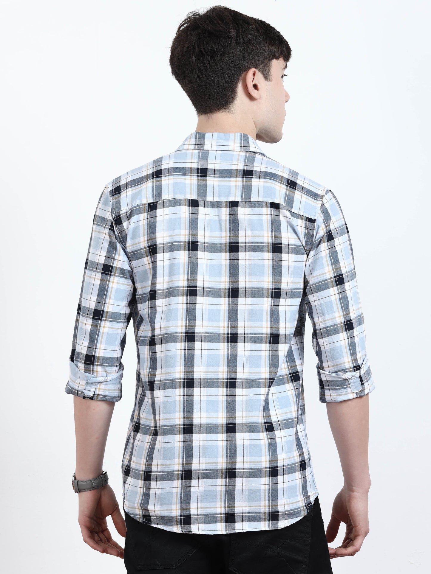 Classic Sky Blue And Black Check Shirt​ For Men