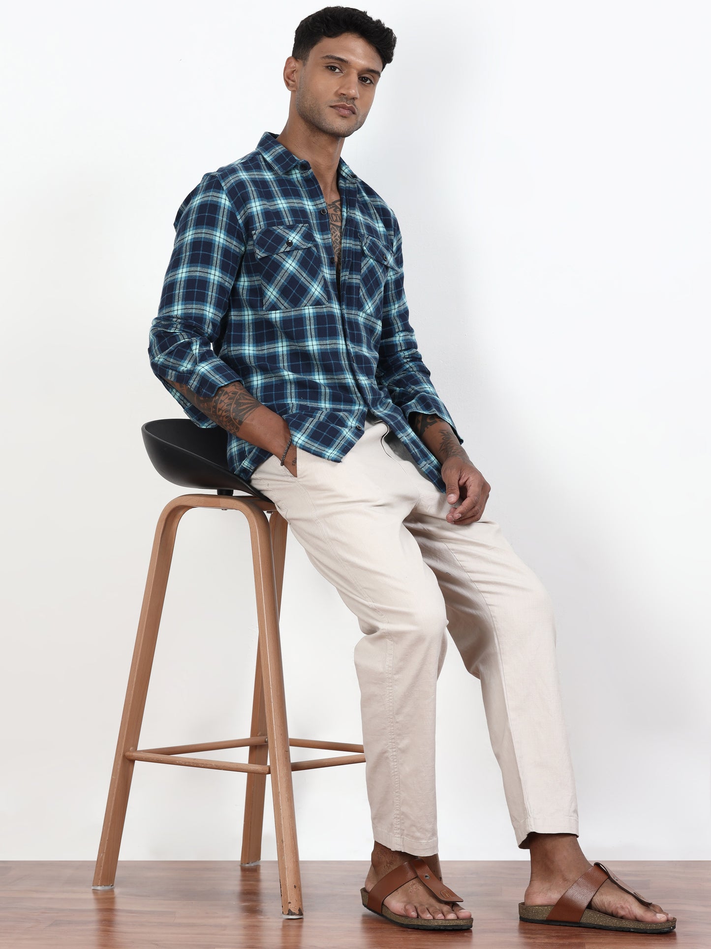 Bright Blue Check Shirt Mens