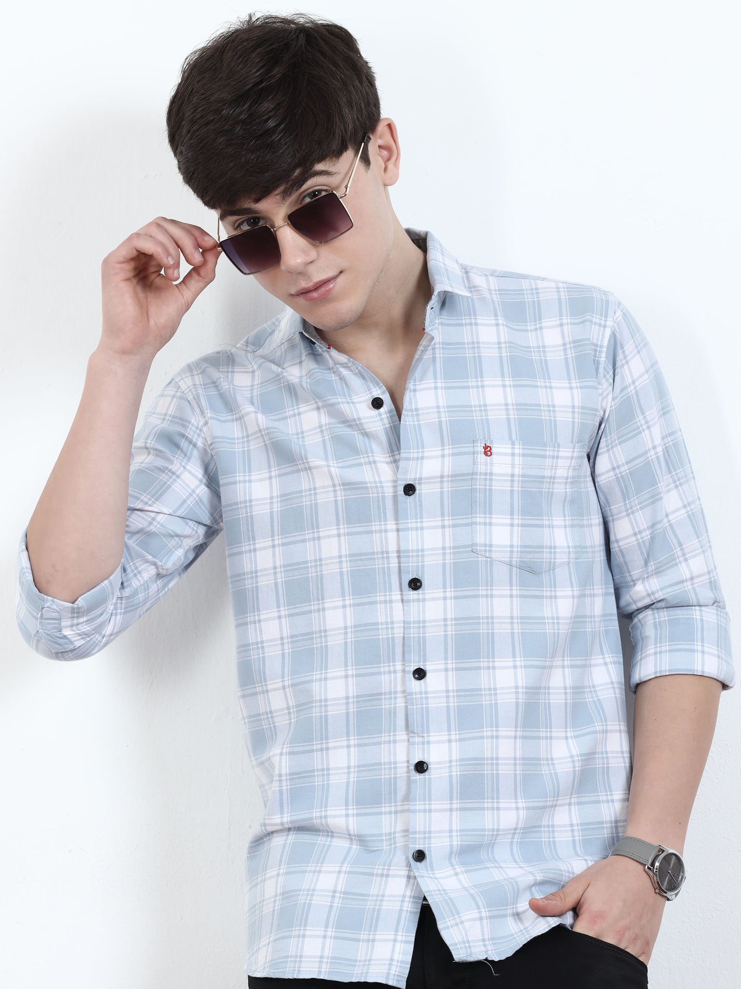 Baby Blue And White Check Shirt For Men 