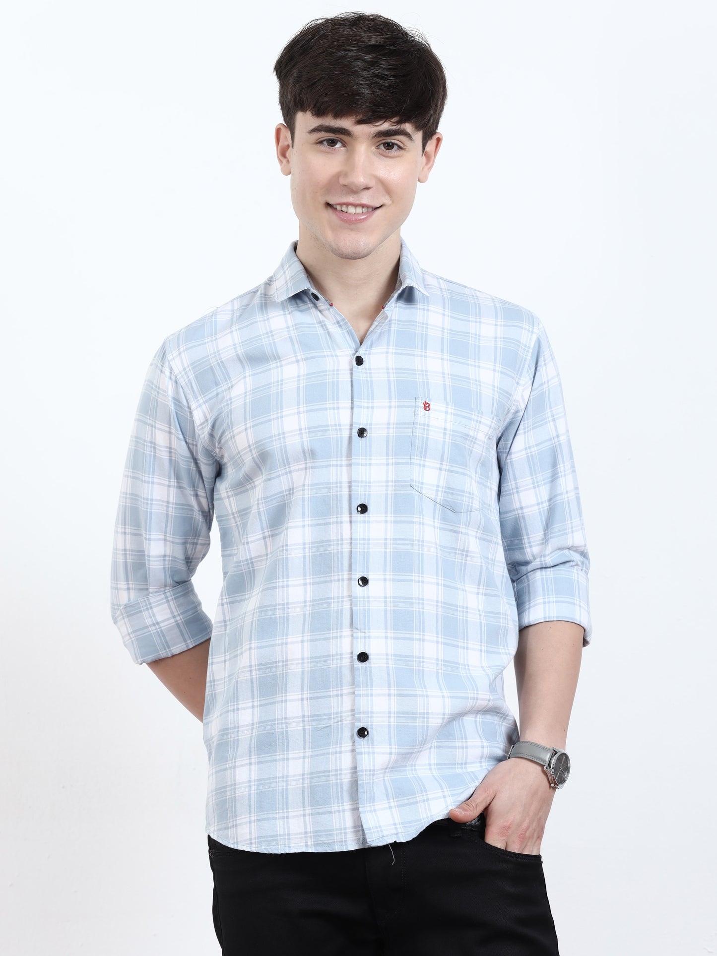 Baby Blue And White Check Shirt For Men 