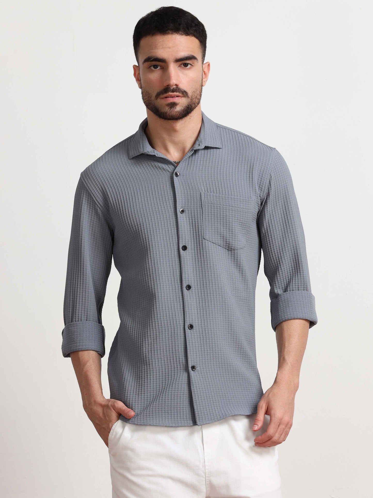 Dark Grey Waffle Textured Popcorn Shirt For Men