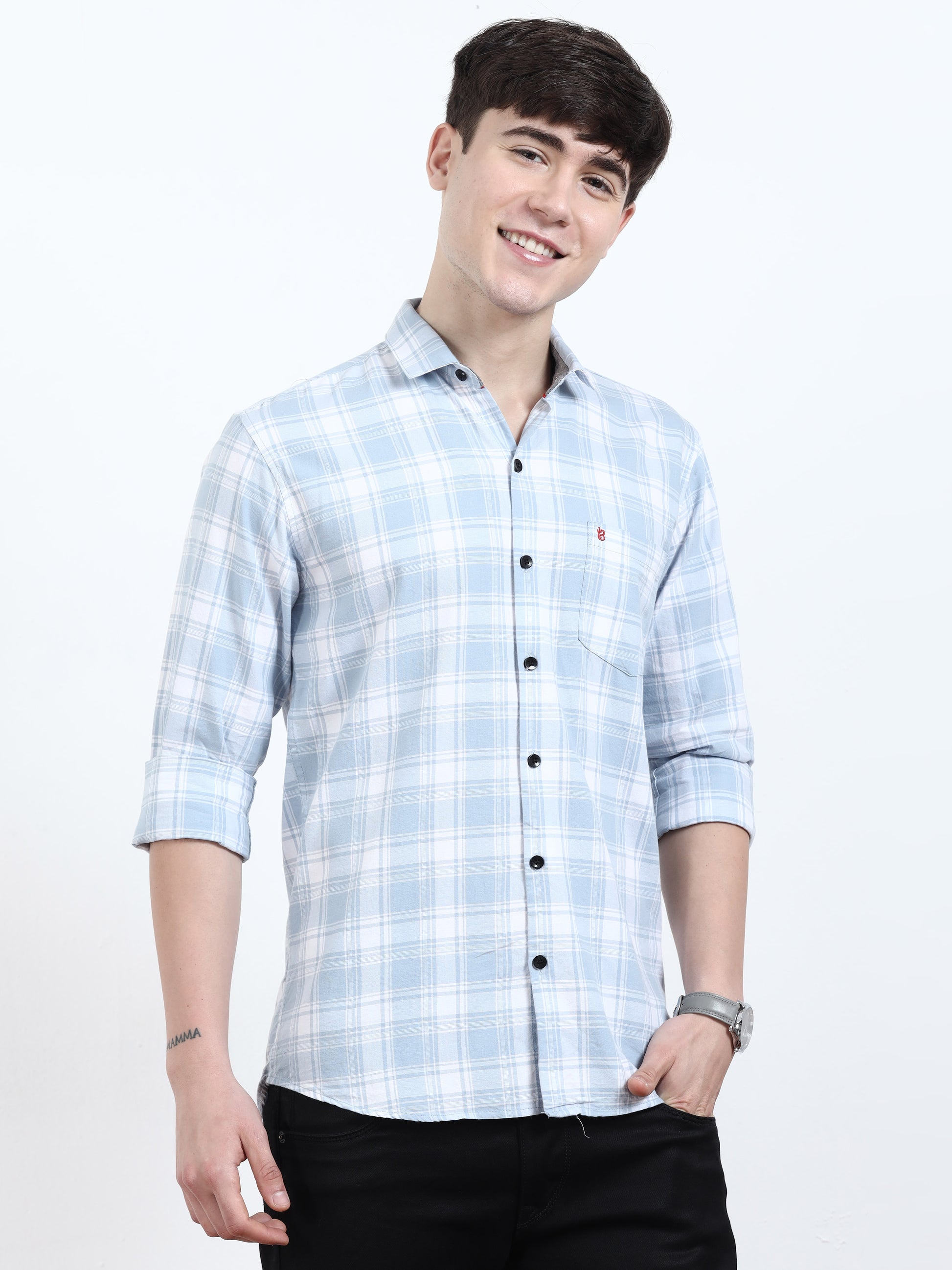 Baby Blue And White Check Shirt For Men 