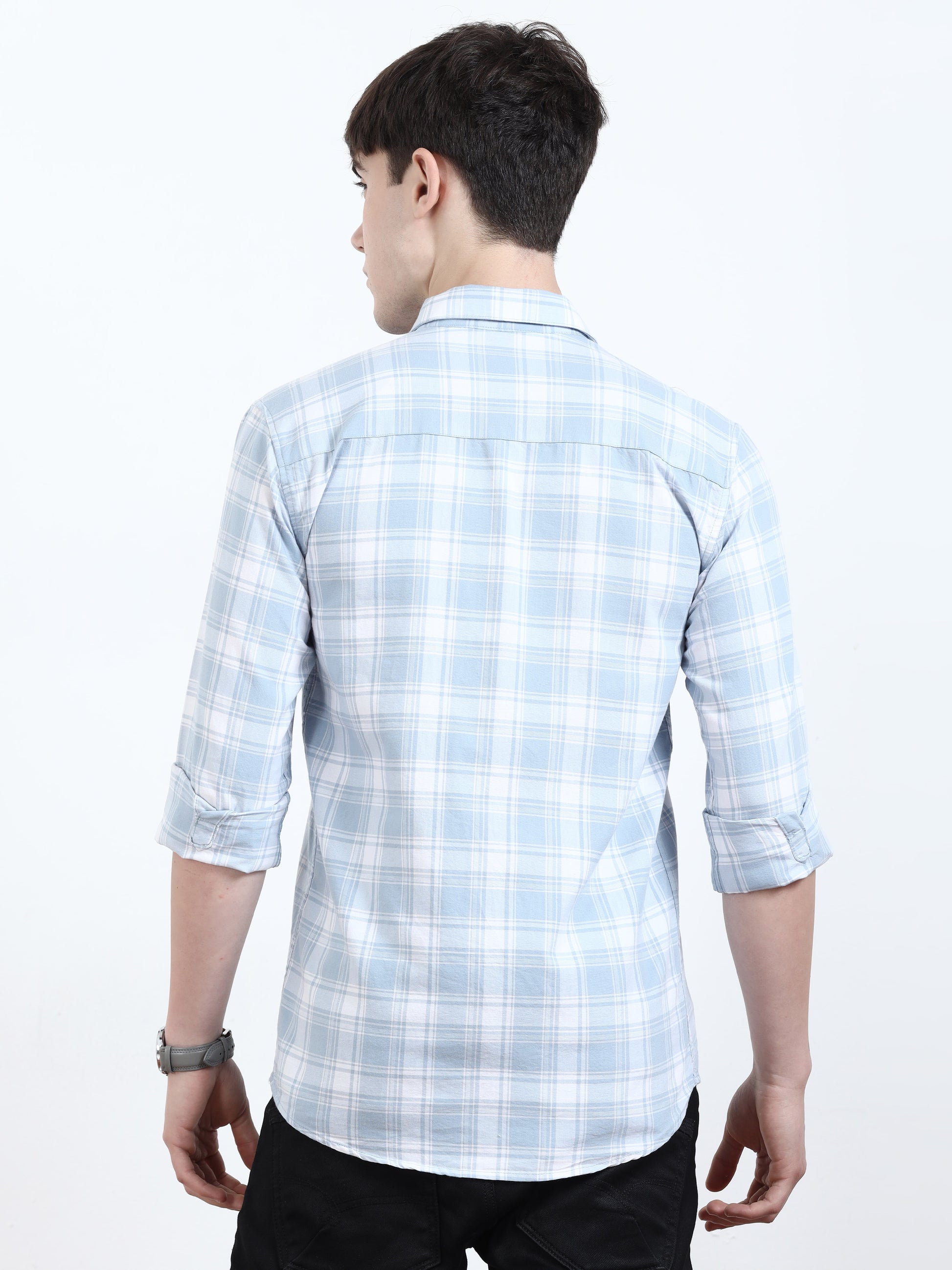 Baby Blue And White Check Shirt For Men 