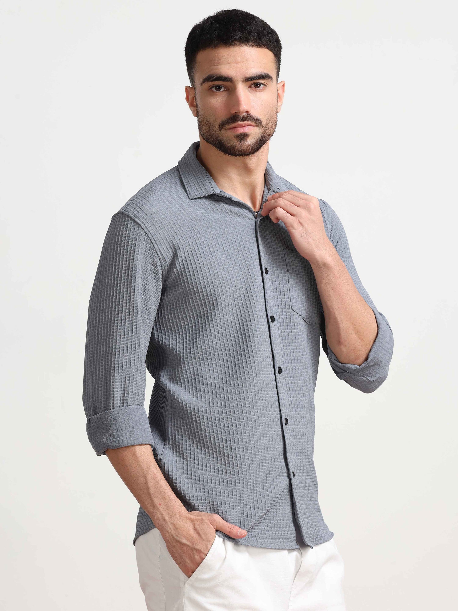 Dark Grey Waffle Textured Popcorn Shirt For Men