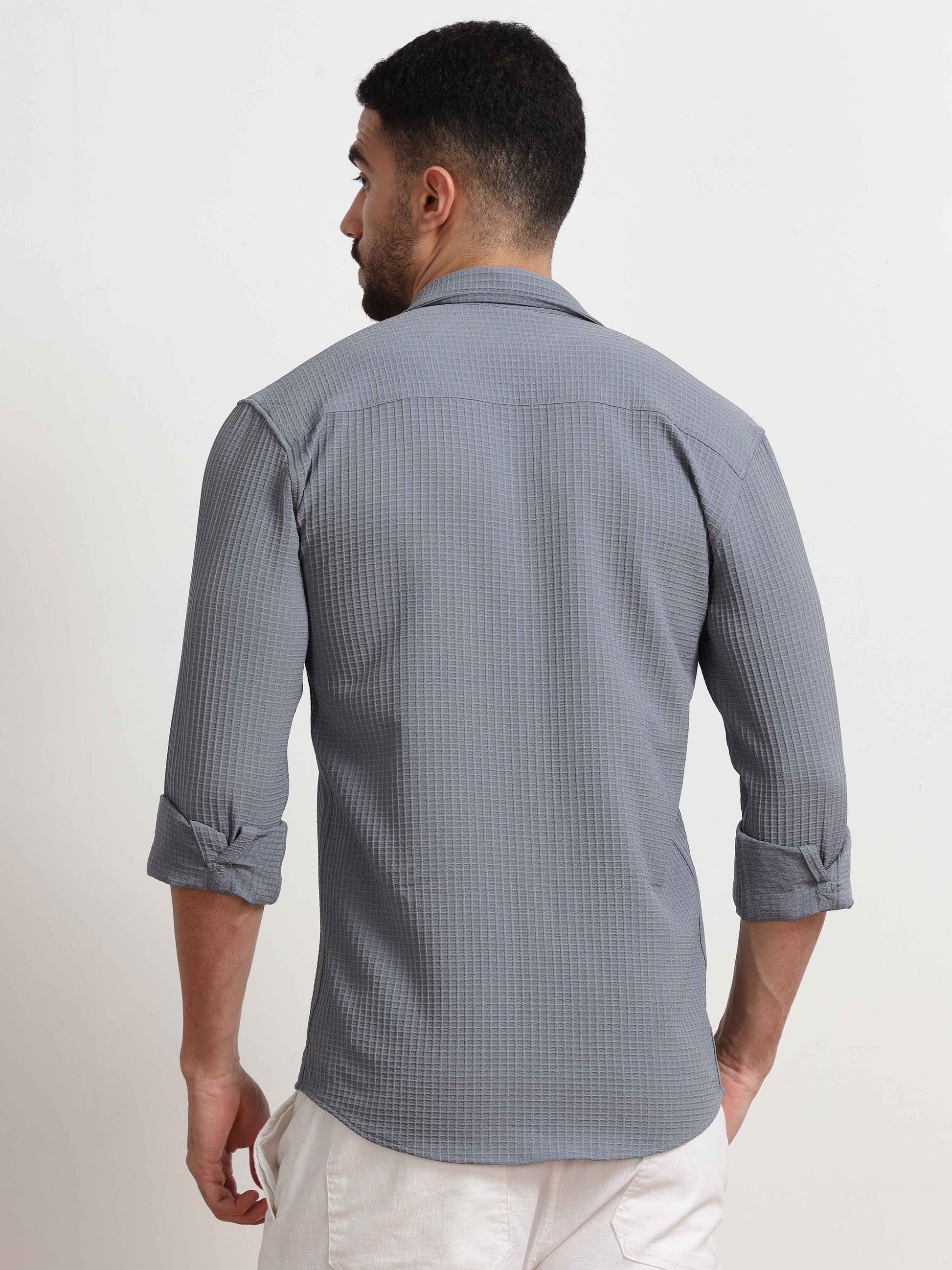 Dark Grey Waffle Textured Popcorn Shirt For Men