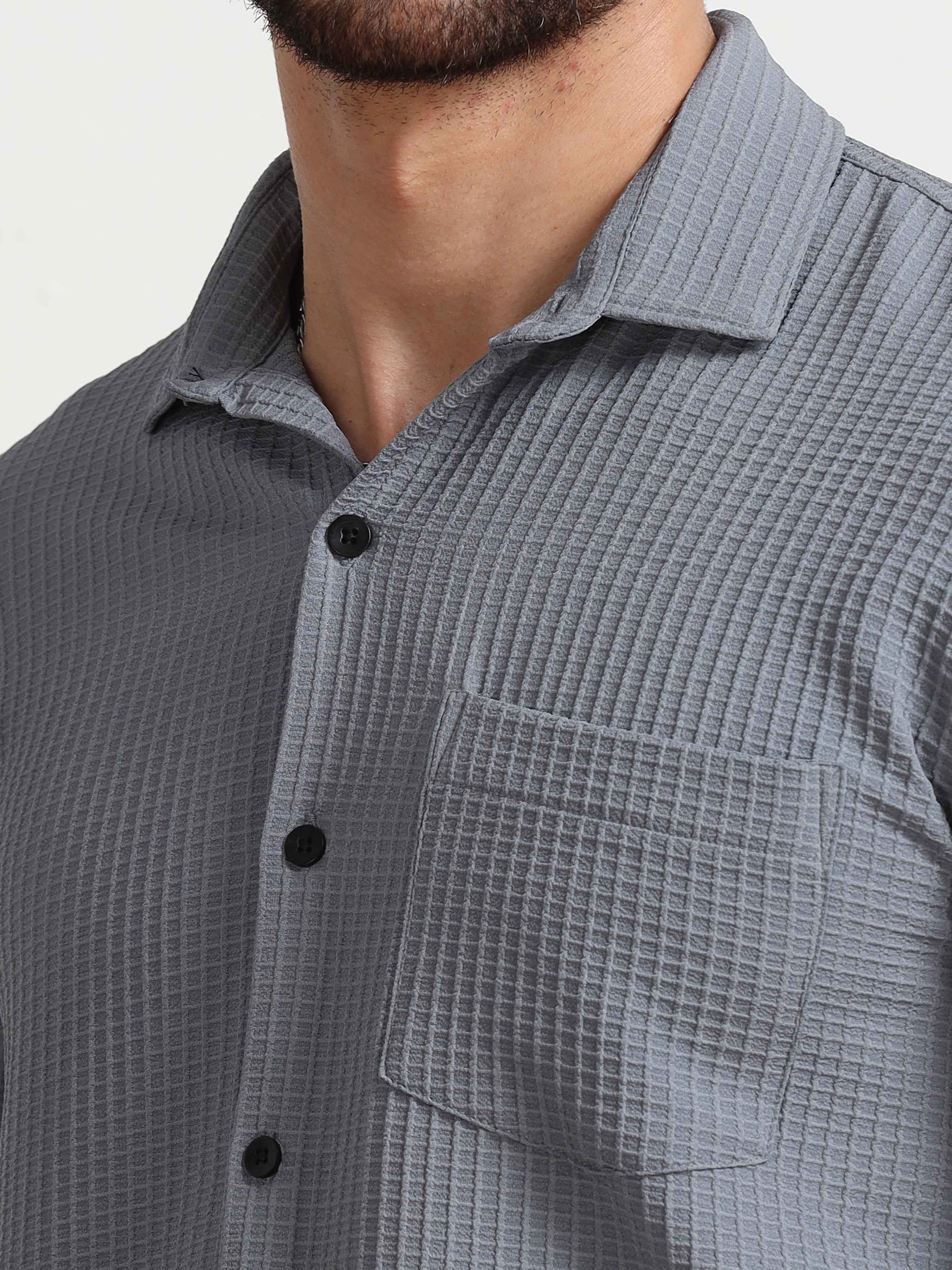 Dark Grey Waffle Textured Popcorn Shirt For Men