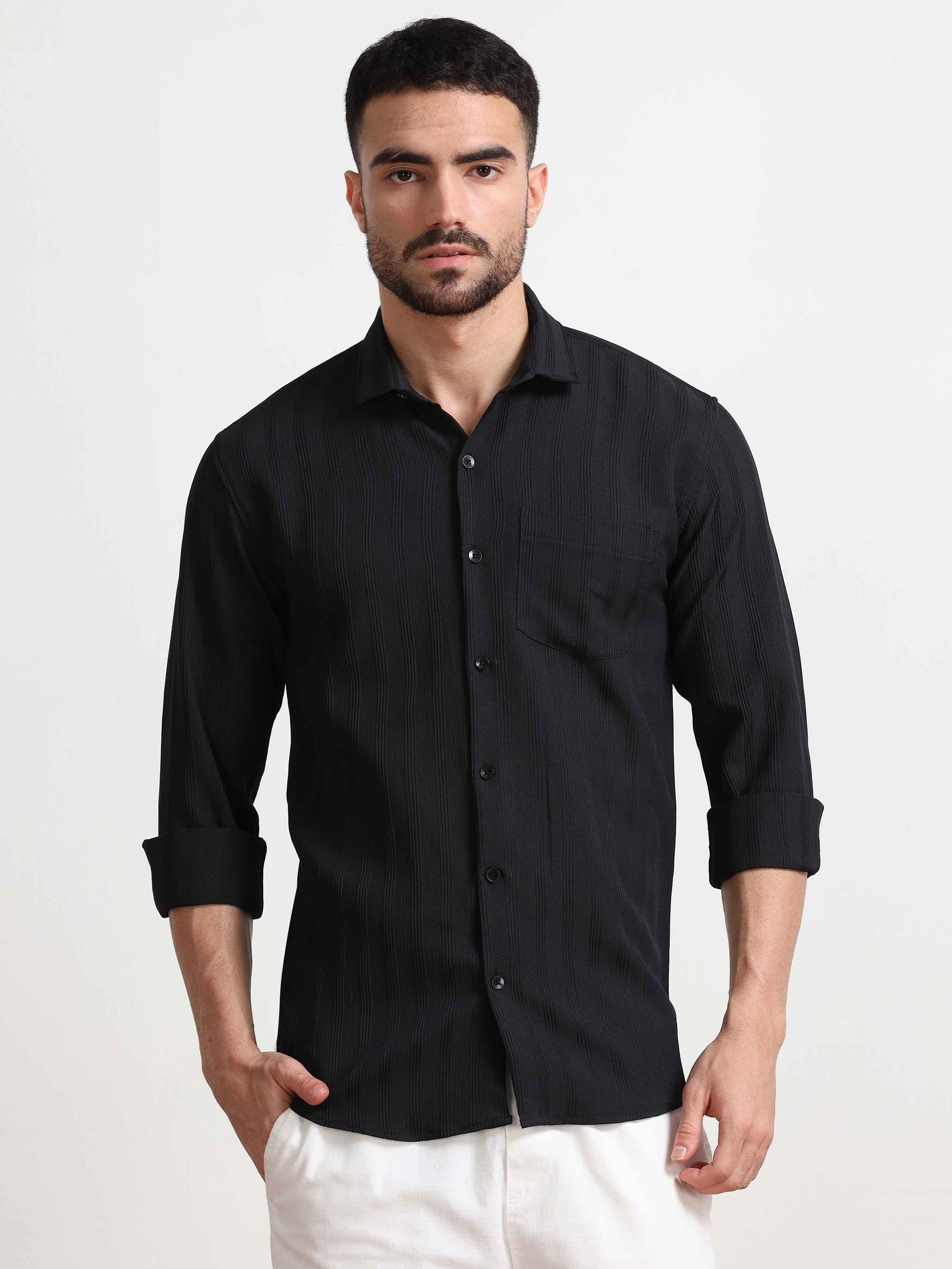 Black Lines Textured Popcorn Shirt for Men