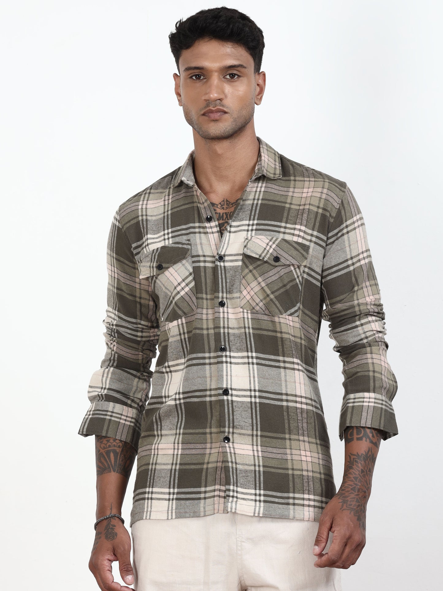 Olive Green Check Shirt​ For Men