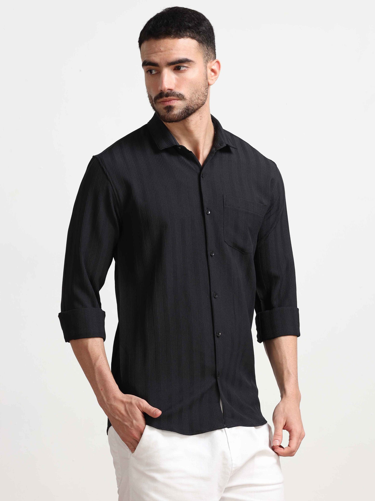 Black Lines Textured Popcorn Shirt for Men