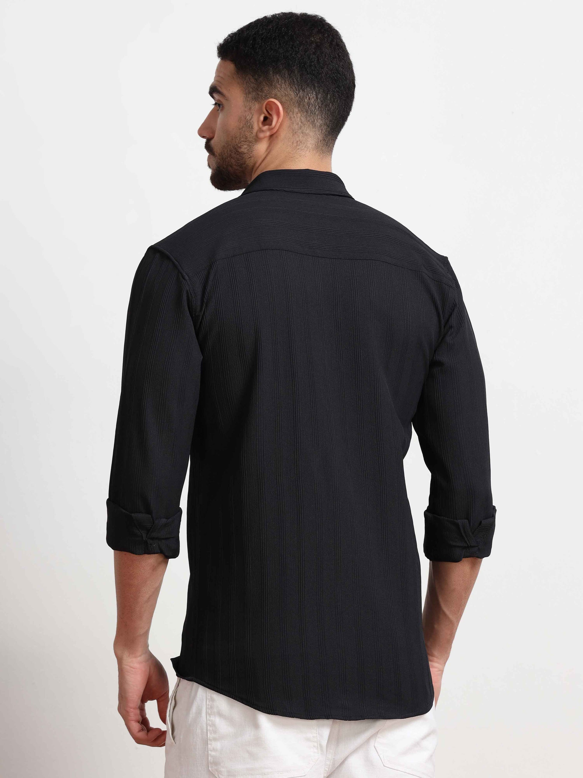 Black Lines Textured Popcorn Shirt for Men