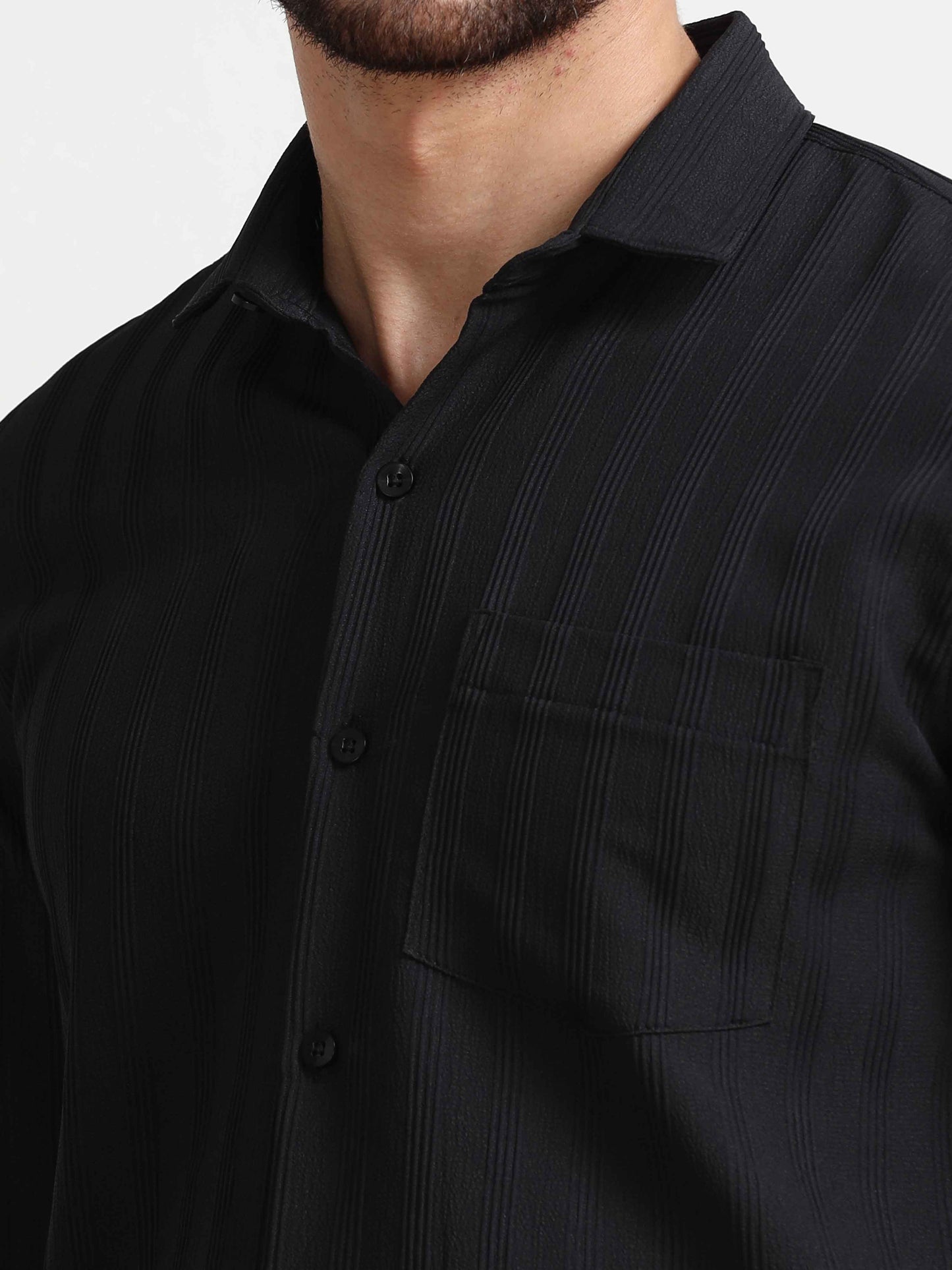 Black Lines Textured Popcorn Shirt for Men