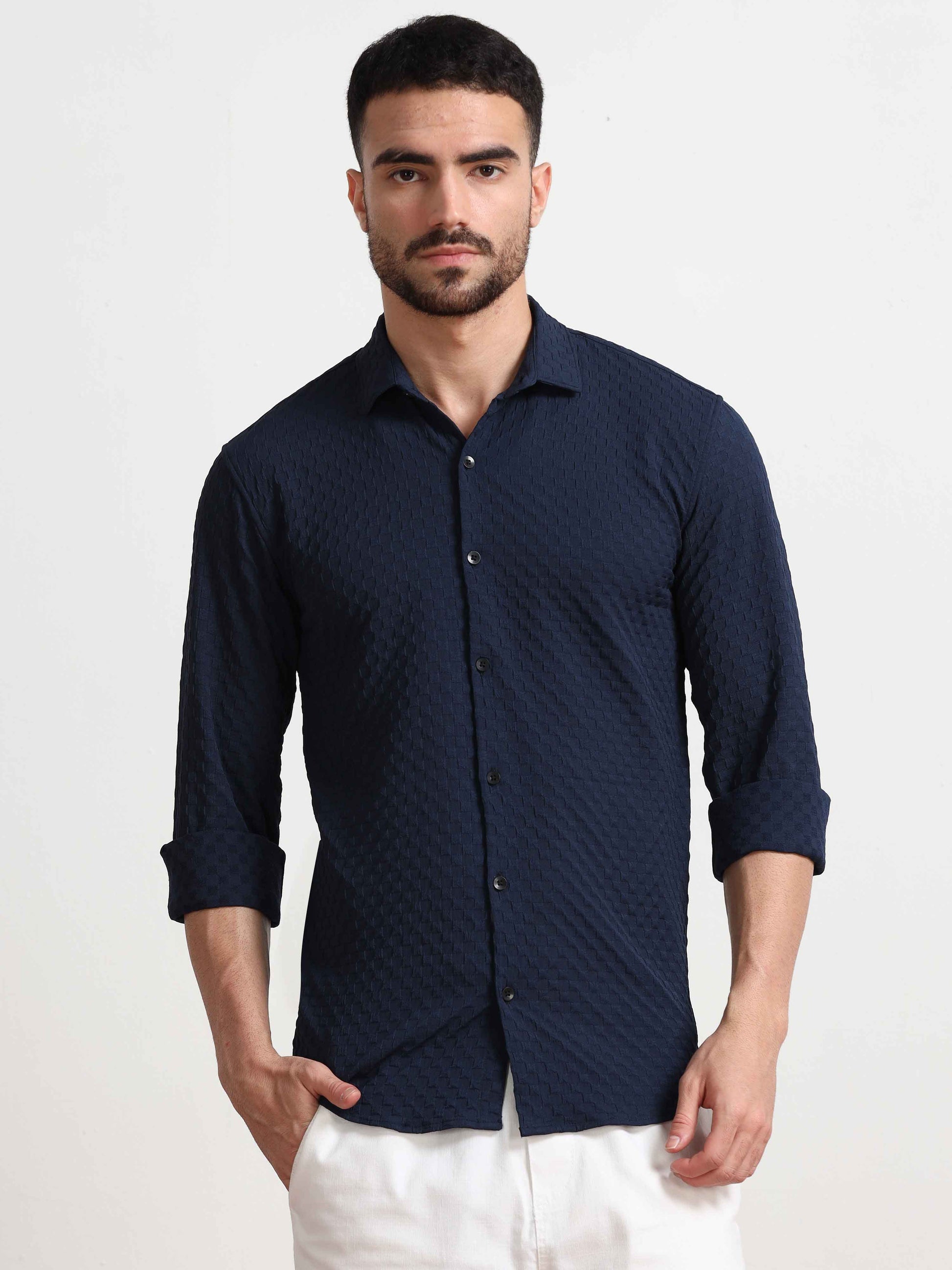 Navy Checks Textured Popcorn Shirt for Men