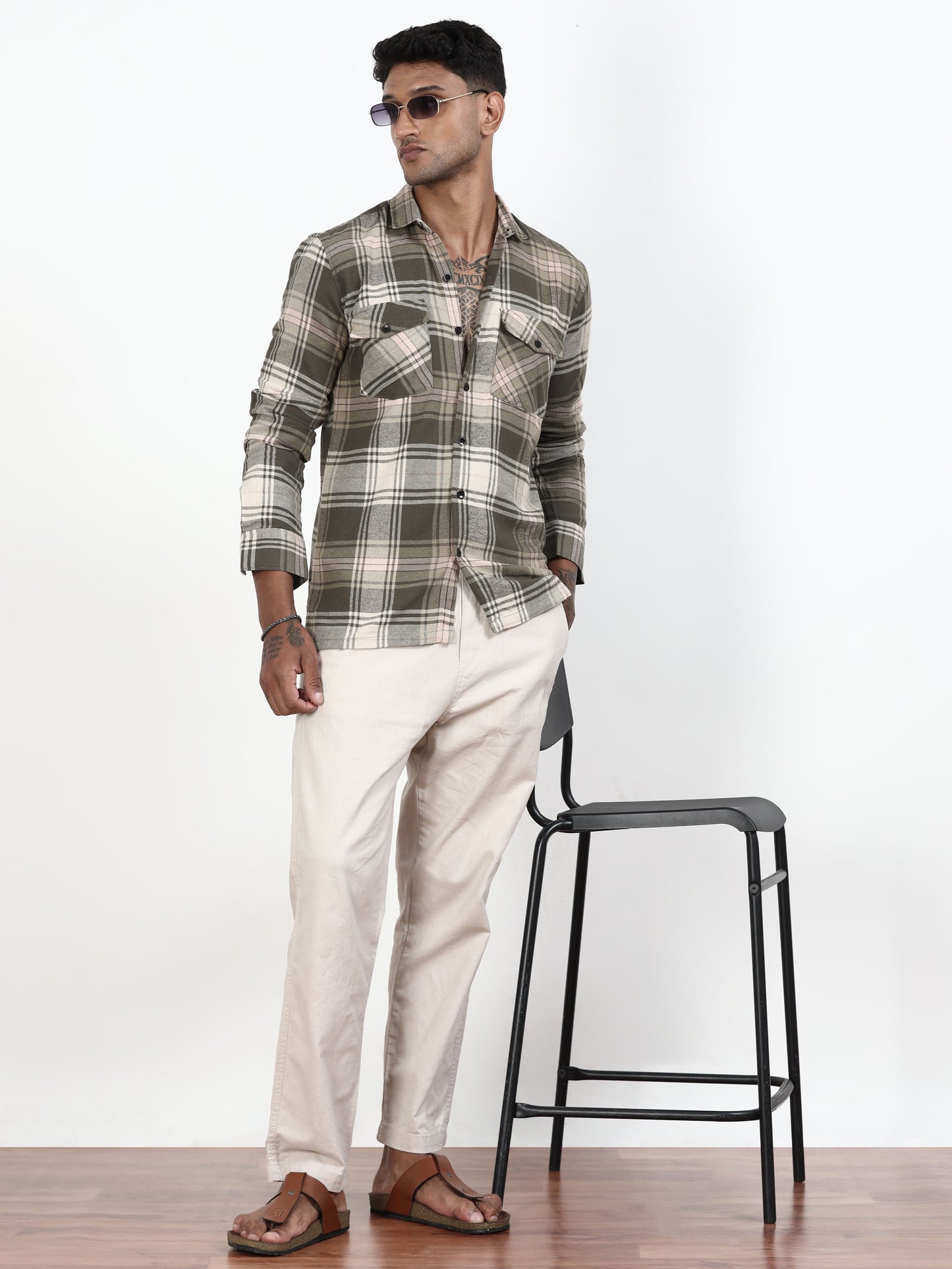 Olive Green Check Shirt​ For Men