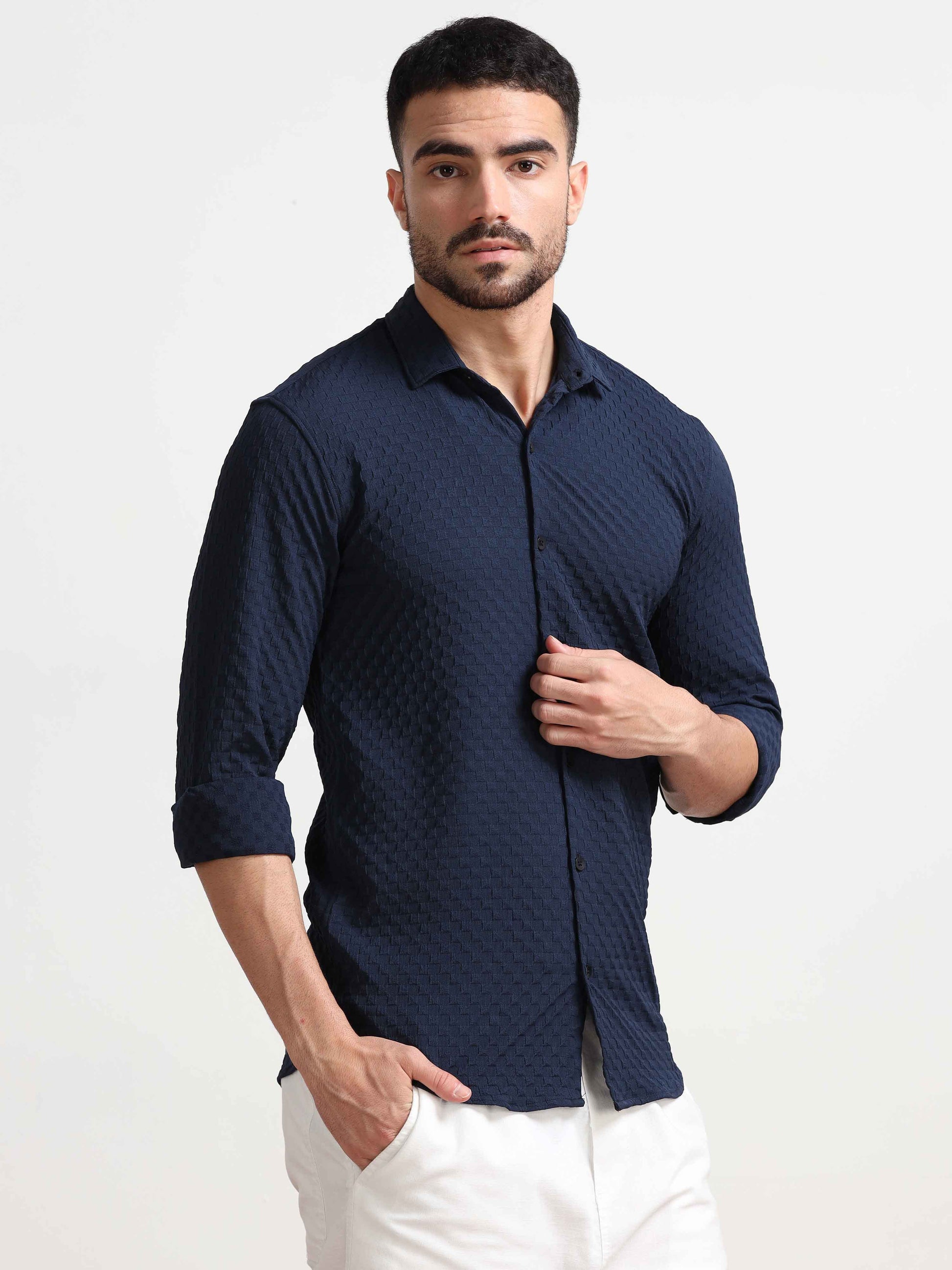 Navy Checks Textured Popcorn Shirt for Men