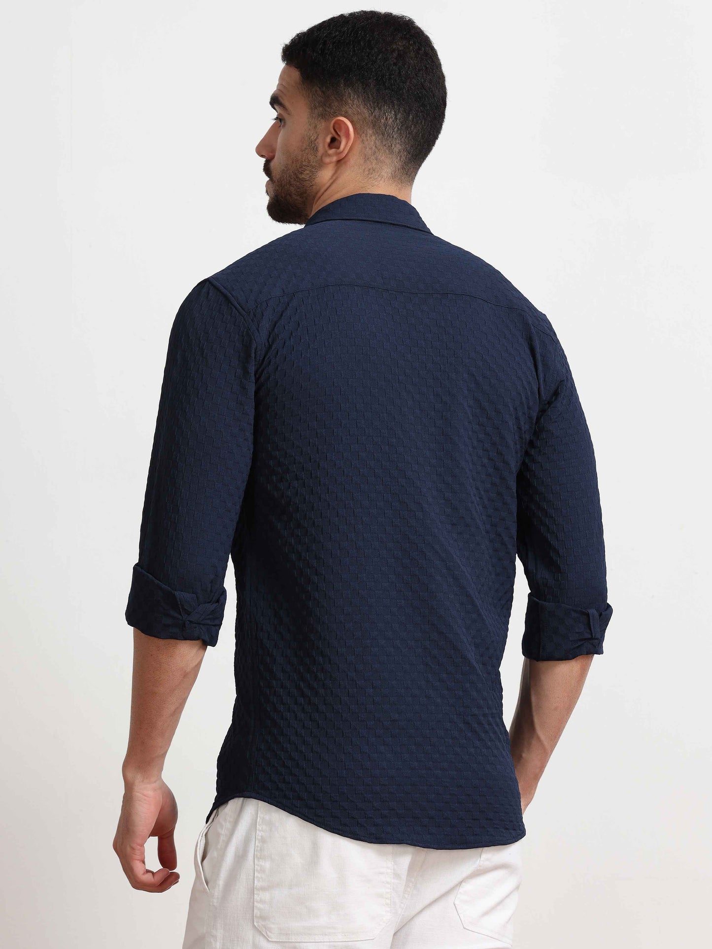 Navy Checks Textured Popcorn Shirt for Men