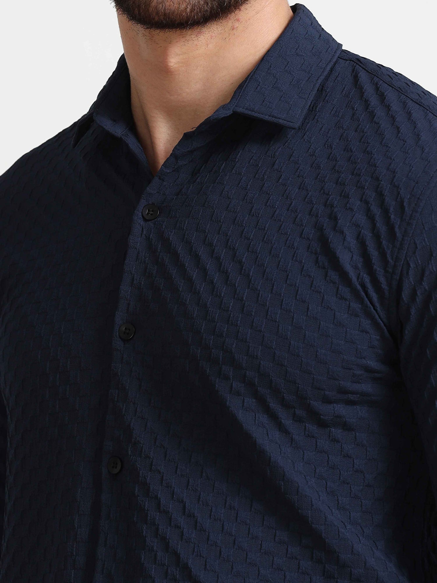 Navy Checks Textured Popcorn Shirt for Men