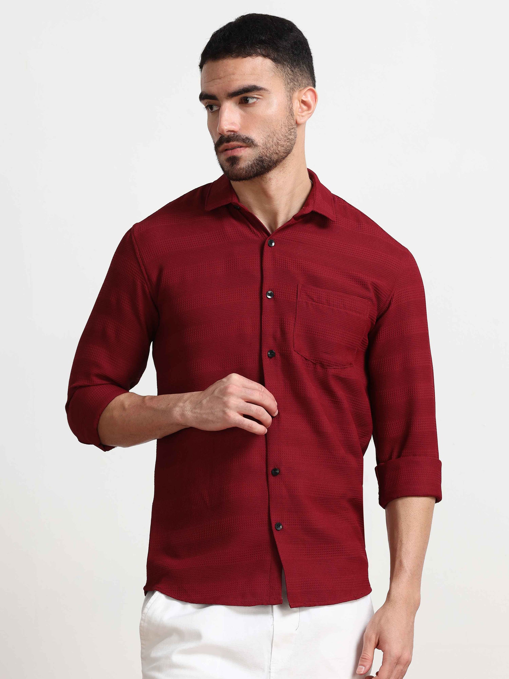 Red Textured Popcorn Shirt For Men