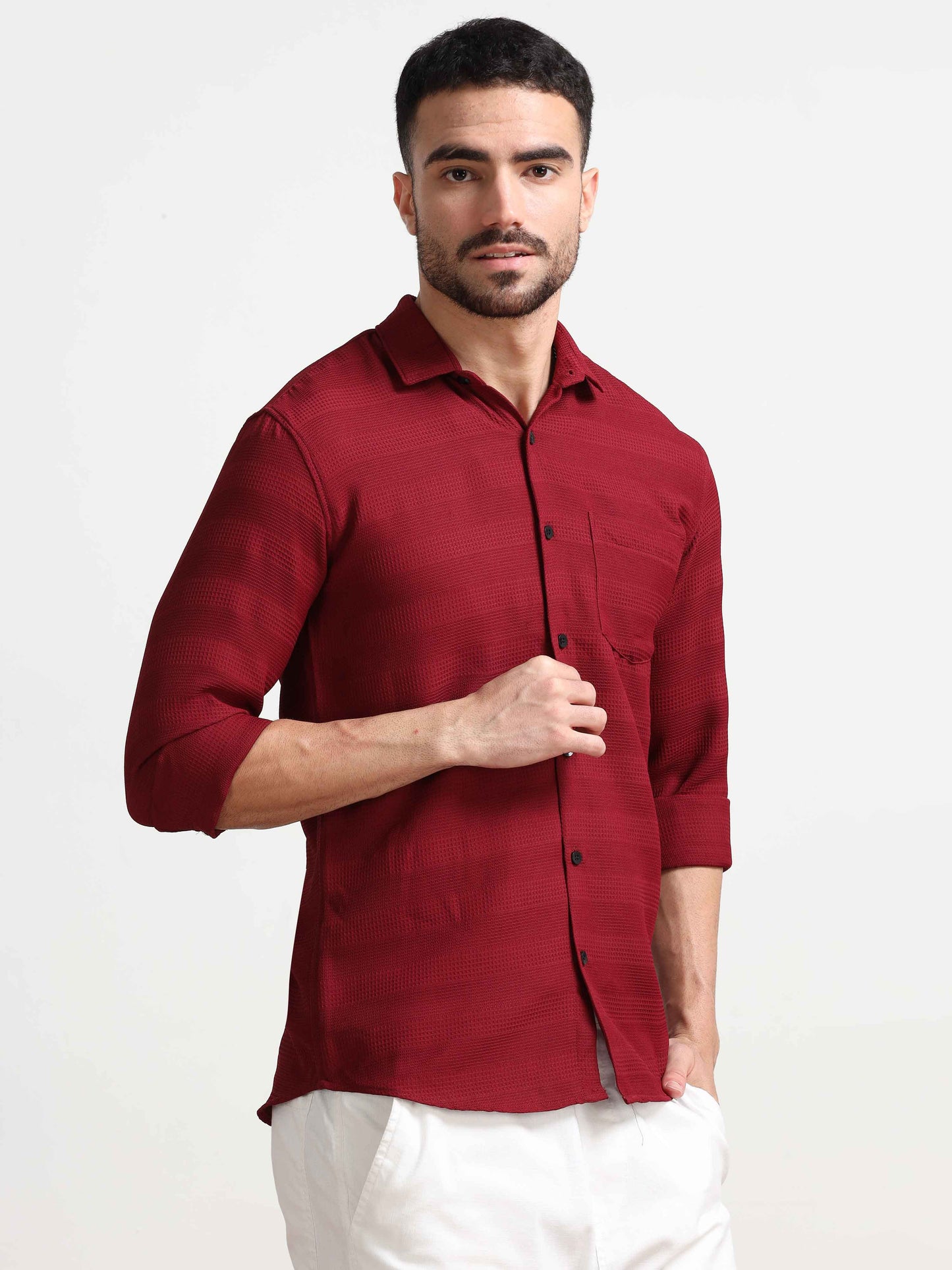 Red Textured Popcorn Shirt For Men