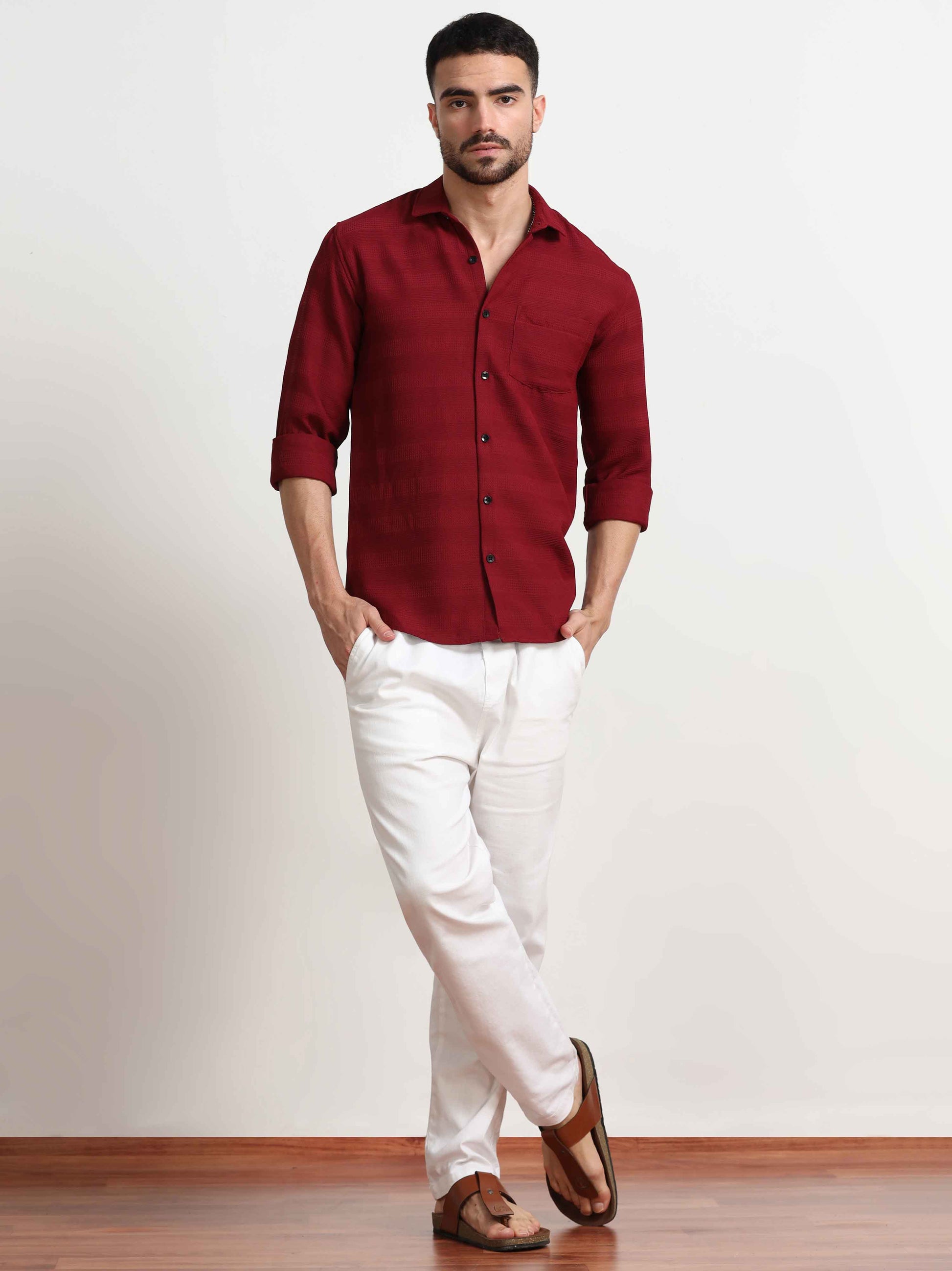 Red Textured Popcorn Shirt For Men