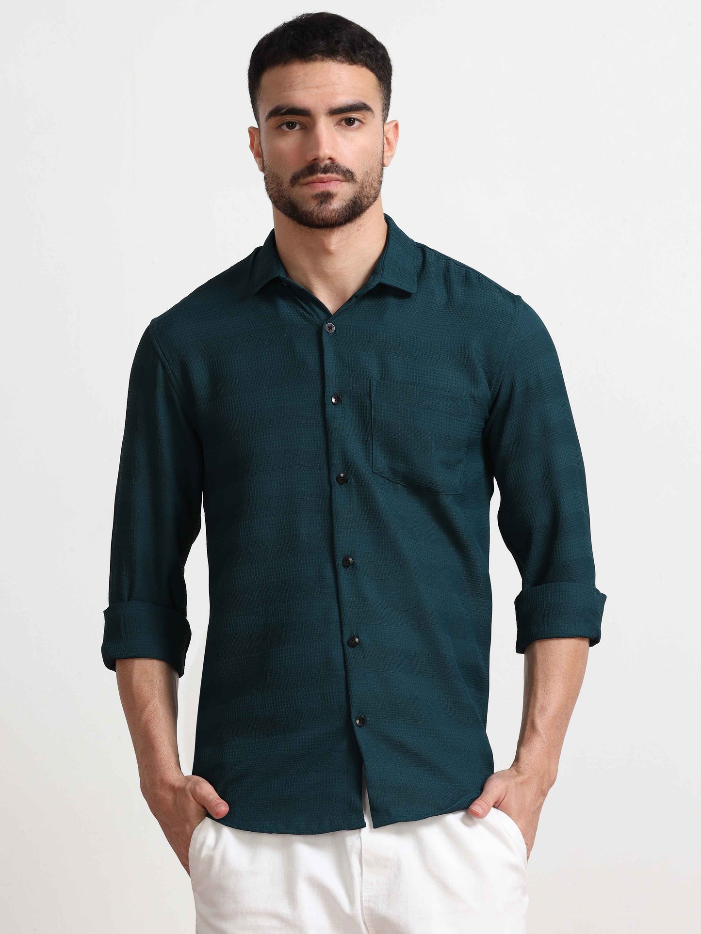 Teal Textured Popcorn Shirt For Men